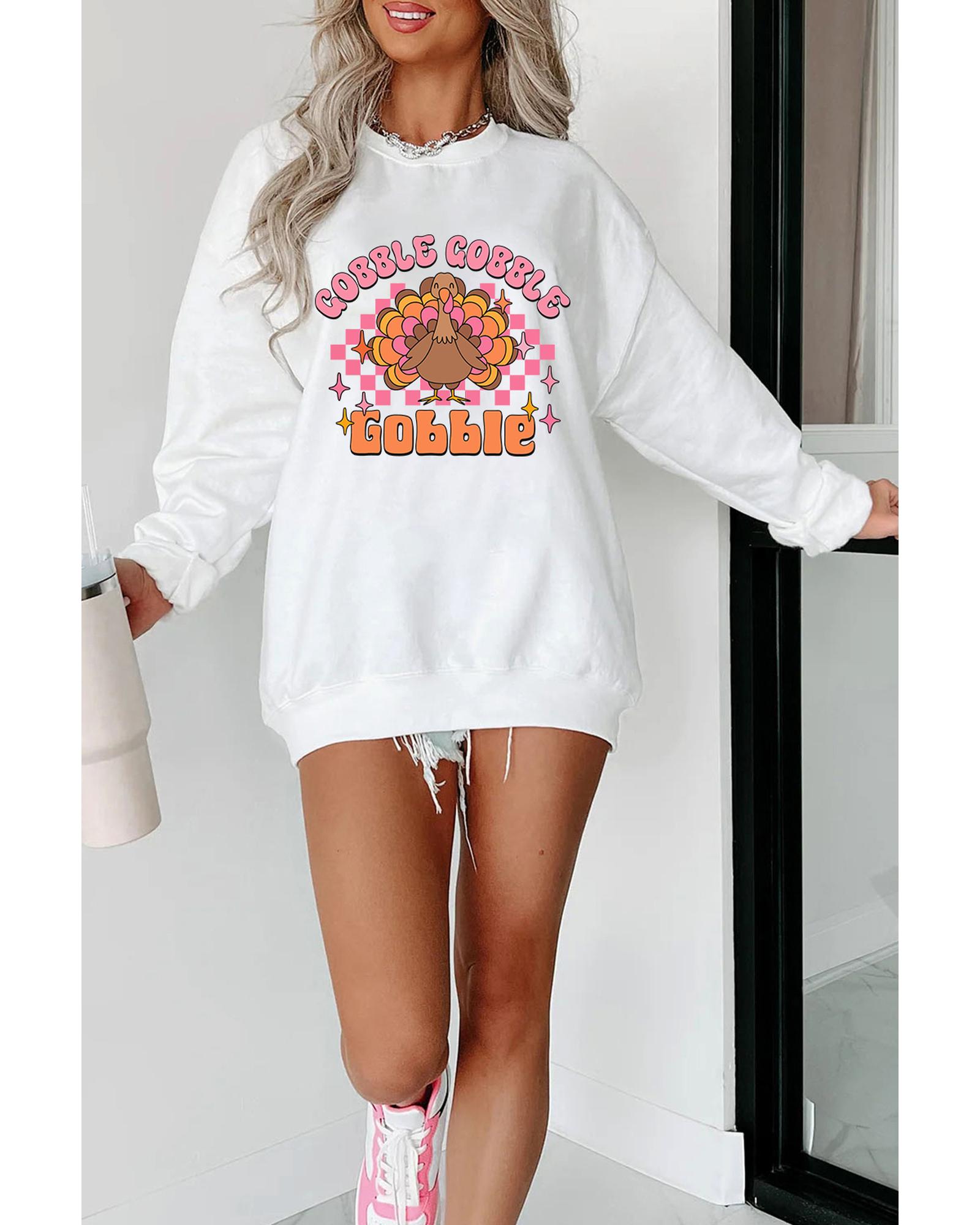 V539-AZEXDC25318366-P1-M-202508291730-00 White Gobble Gobble Turkey Graphic Crewneck Thanksgiving Sweatshirt - M - Image 1