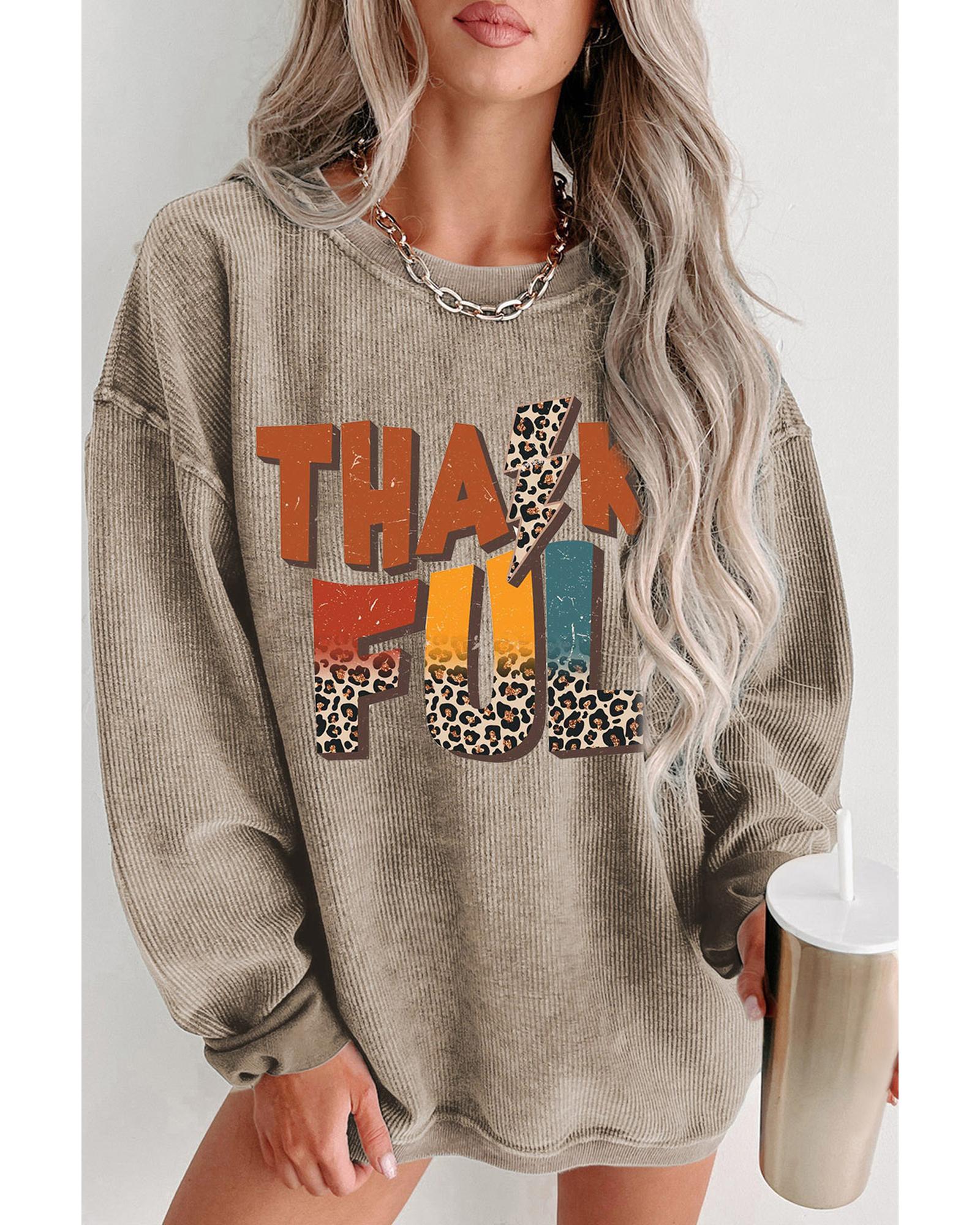 V539-AZEXDC25318367-16-L-202508300200-00 Khaki Leopard THANKFUL Graphic Corded Thanksgiving Sweatshirt - L - Image 1