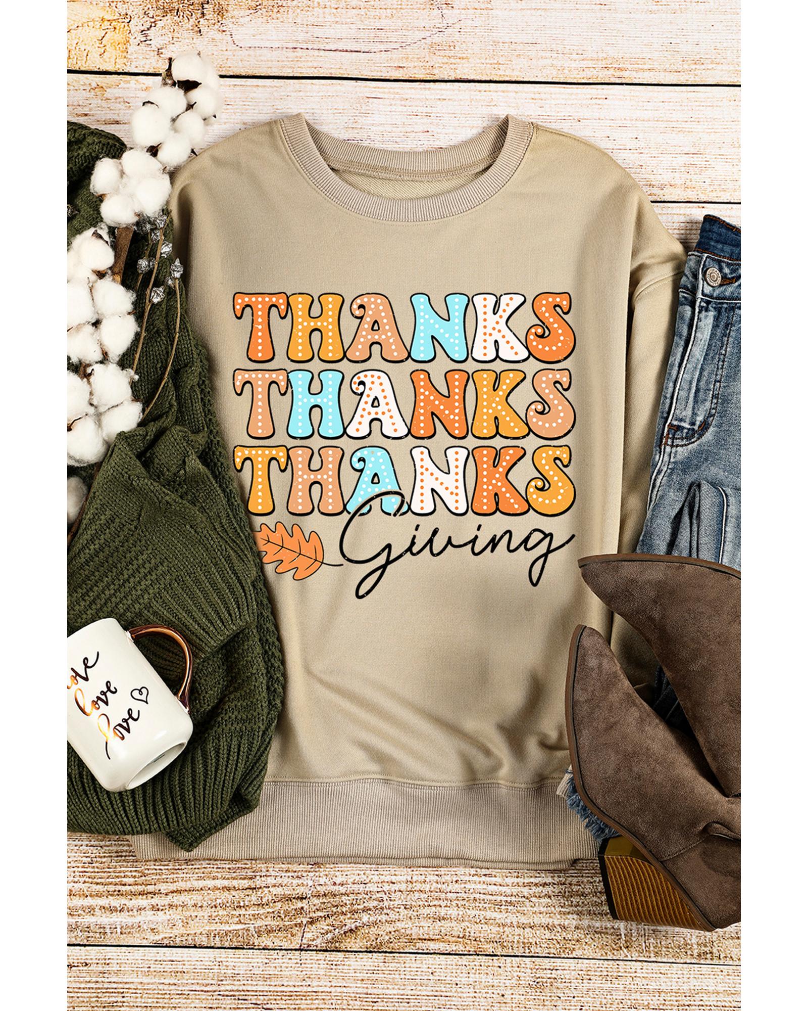 V539-AZEXDC25318430-16-2XL-202508291850-00 Khaki THANKS giving Leaves Printed Drop Shoulder Sweatshirt - 2XL - Image 1
