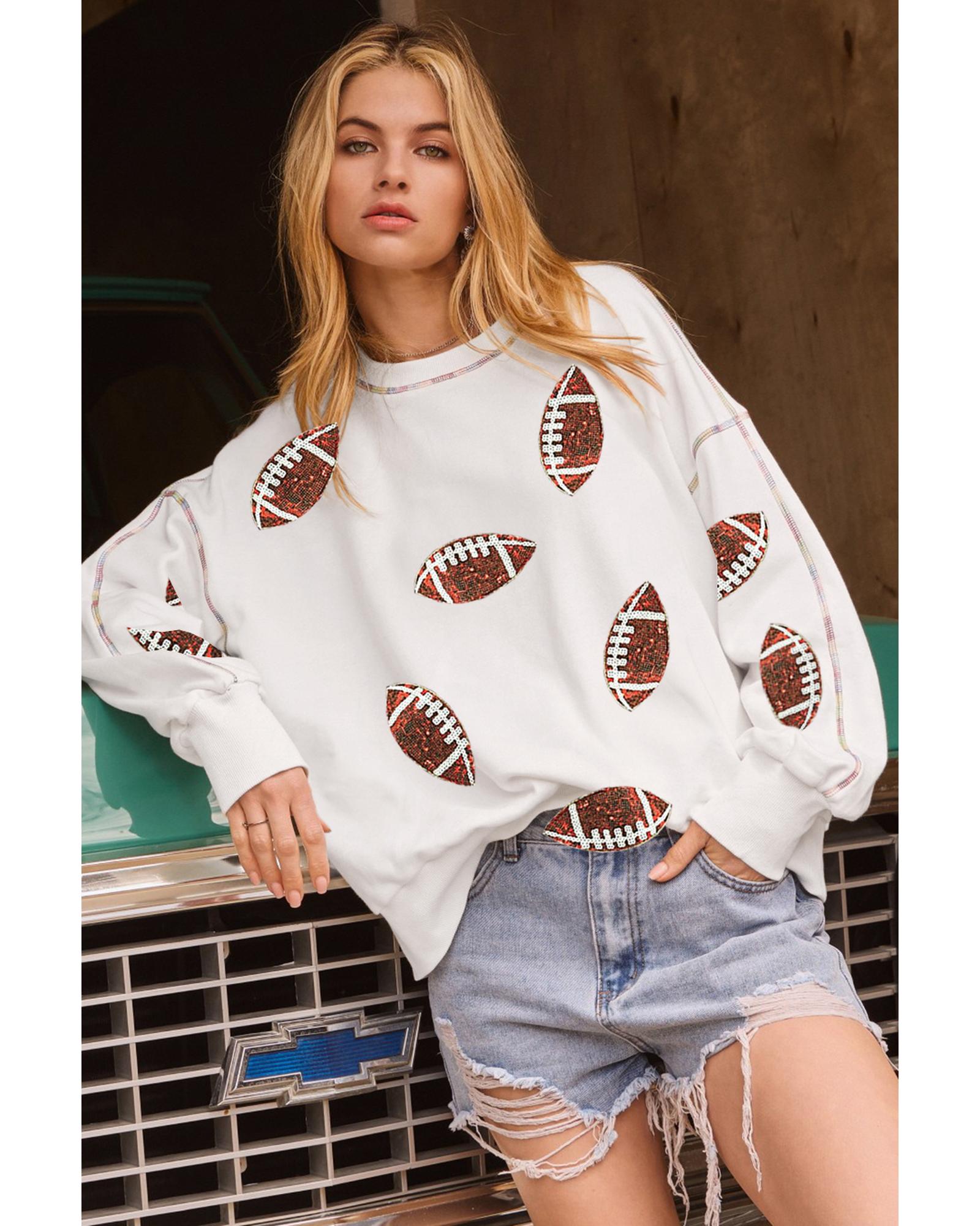 V539-AZEXDC25318460-P101-L-202508271040-00 White Sequin Rugby Football Pattern Exposed Seam Game Day Sweatshirt - L - Image 1