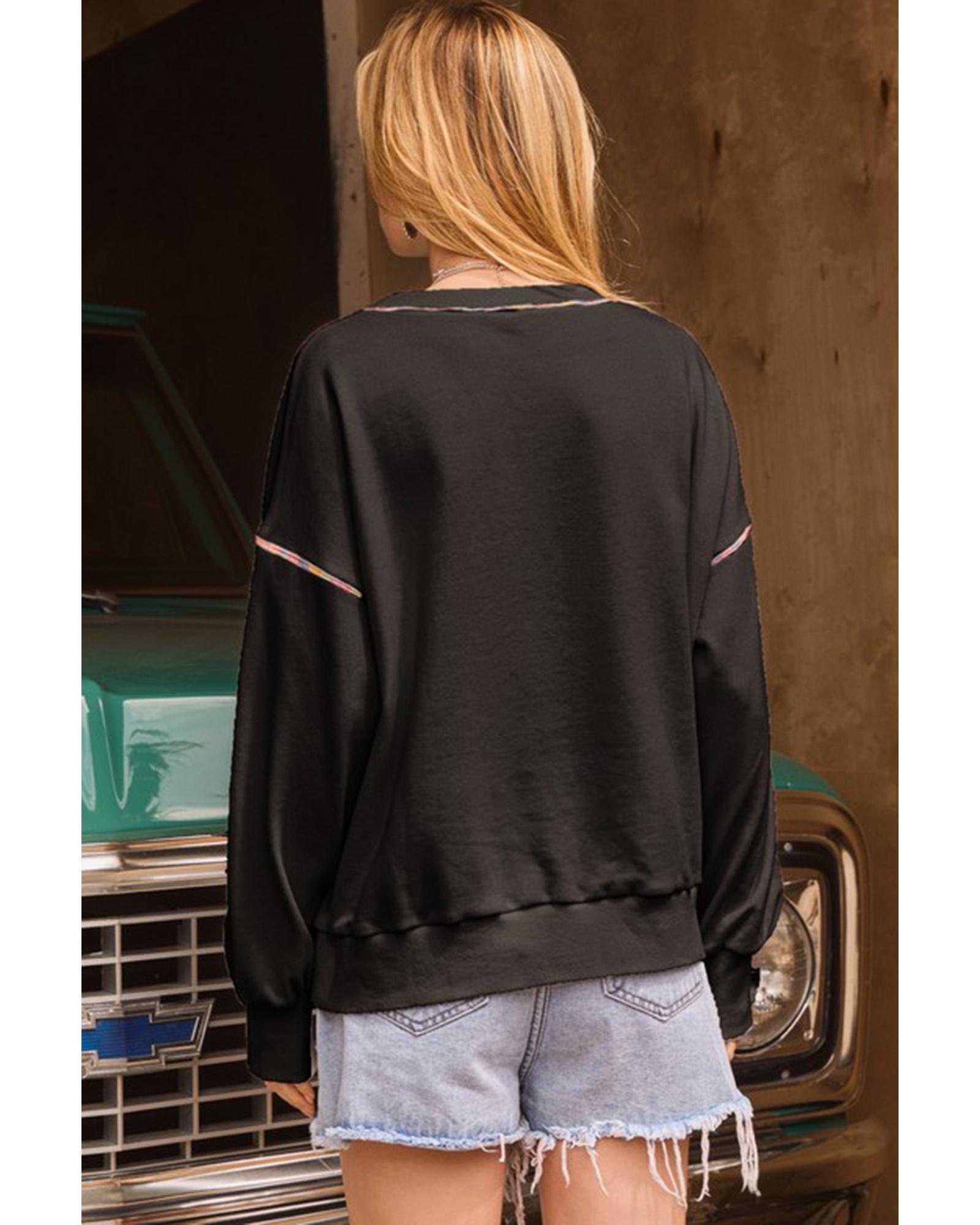 V539-AZEXDC25318463-P2-2XL-202508271615-00 Black Sequin Pumpkin Face Graphic Exposed Seam Halloween Sweatshirt - 2XL - Image 1