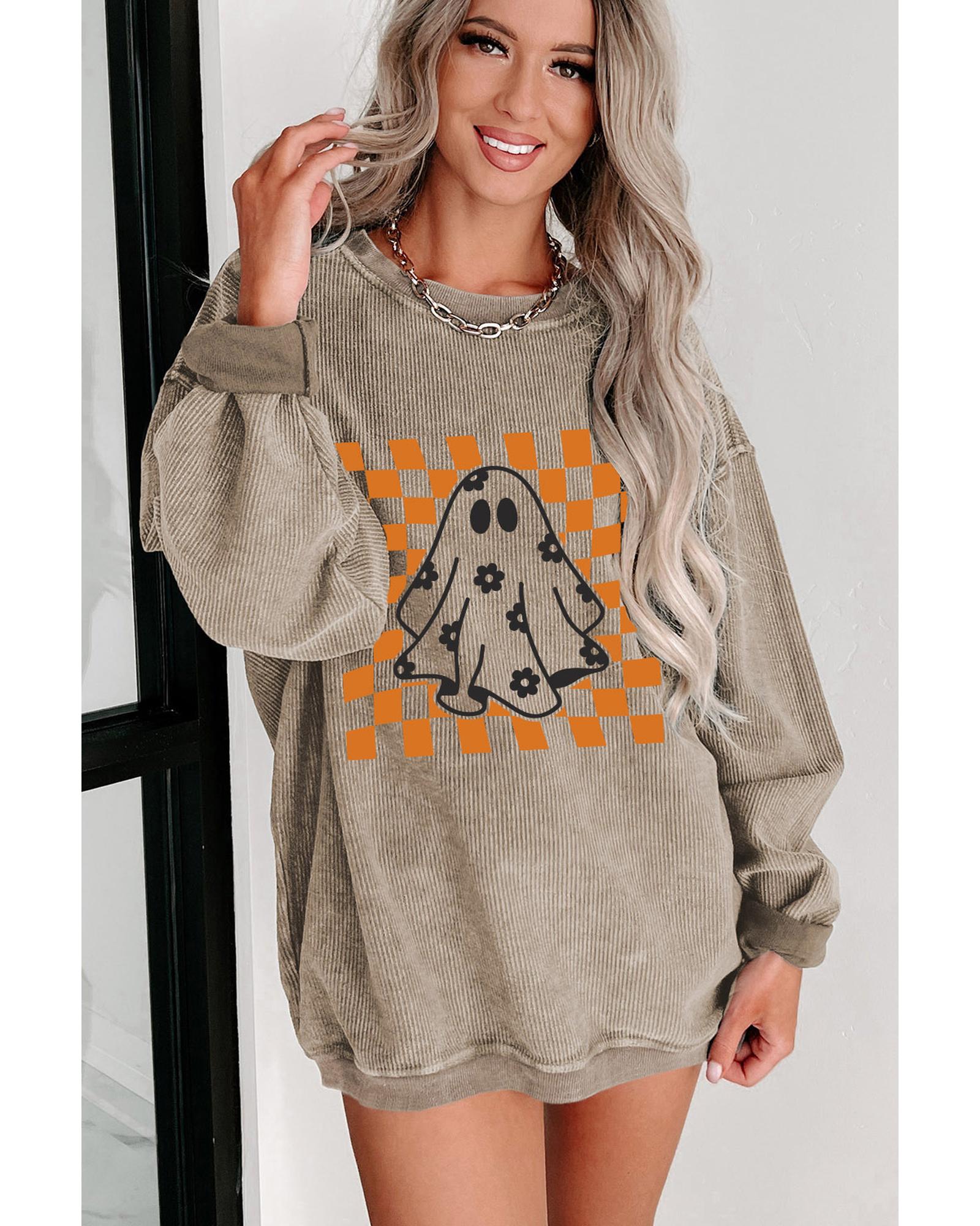 V539-AZEXDC25318558-16-XL-202508281230-00 Khaki Checkerboard Floral Ghost Graphic Corded Halloween Sweatshirt - XL - Image 1