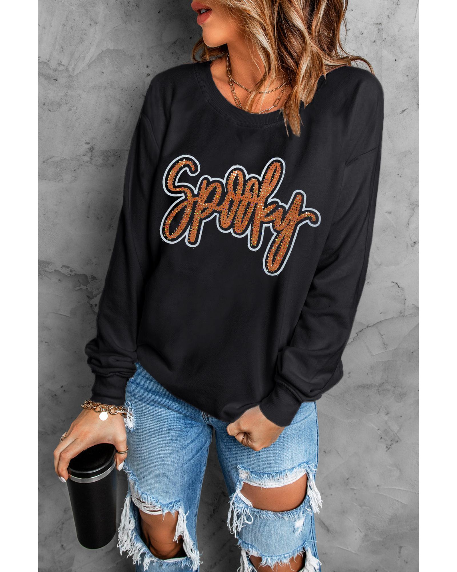 V539-AZEXDC25318577-2-L-202508300400-00 Black Spooky Rhinestone Drop Shoulder Graphic Sweatshirt - L - Image 1