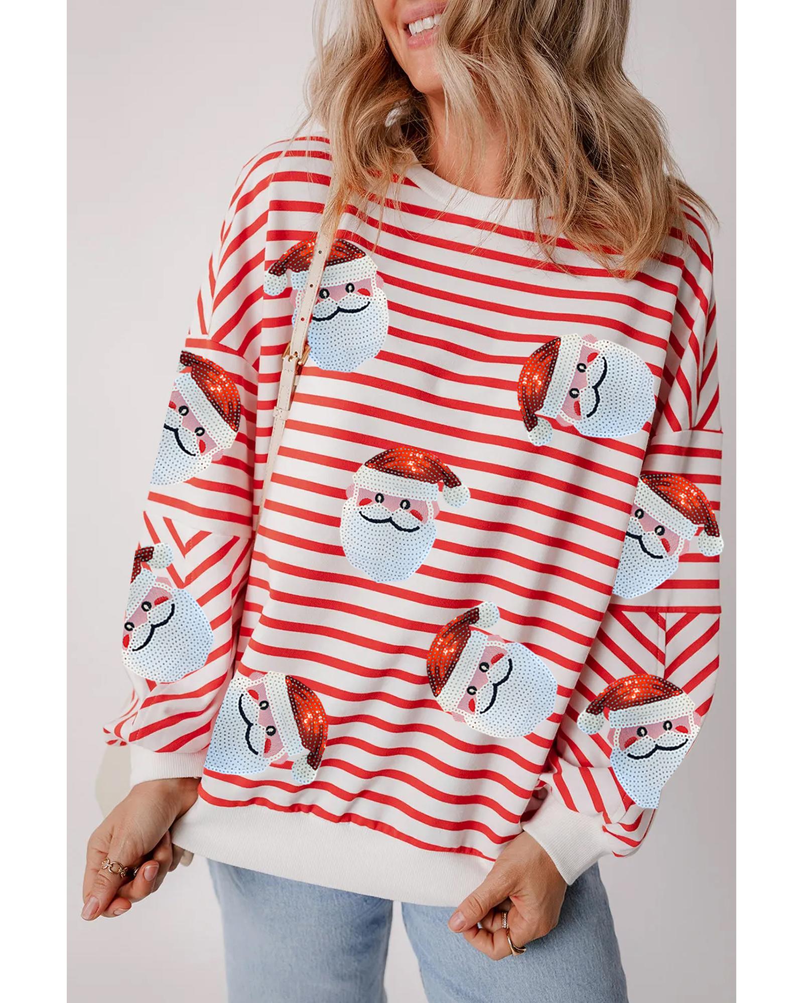 V539-AZEXDC25318679-P1419-XL-202508300630-00 Orange Stripe Striped Sequin Santa Claus Pattern Christmas Pullover Sweatshirt - XL - Image 1