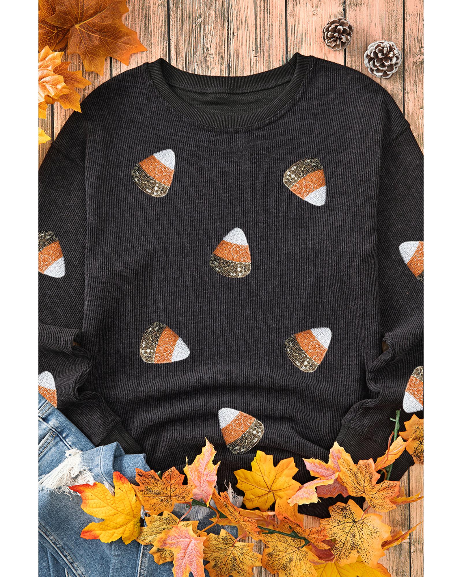 V539-AZEXDC25318683-2-M-202506130746-00 Black Sequin Candy Corn Patched Corded Halloween Sweatshirt - M - Image 1