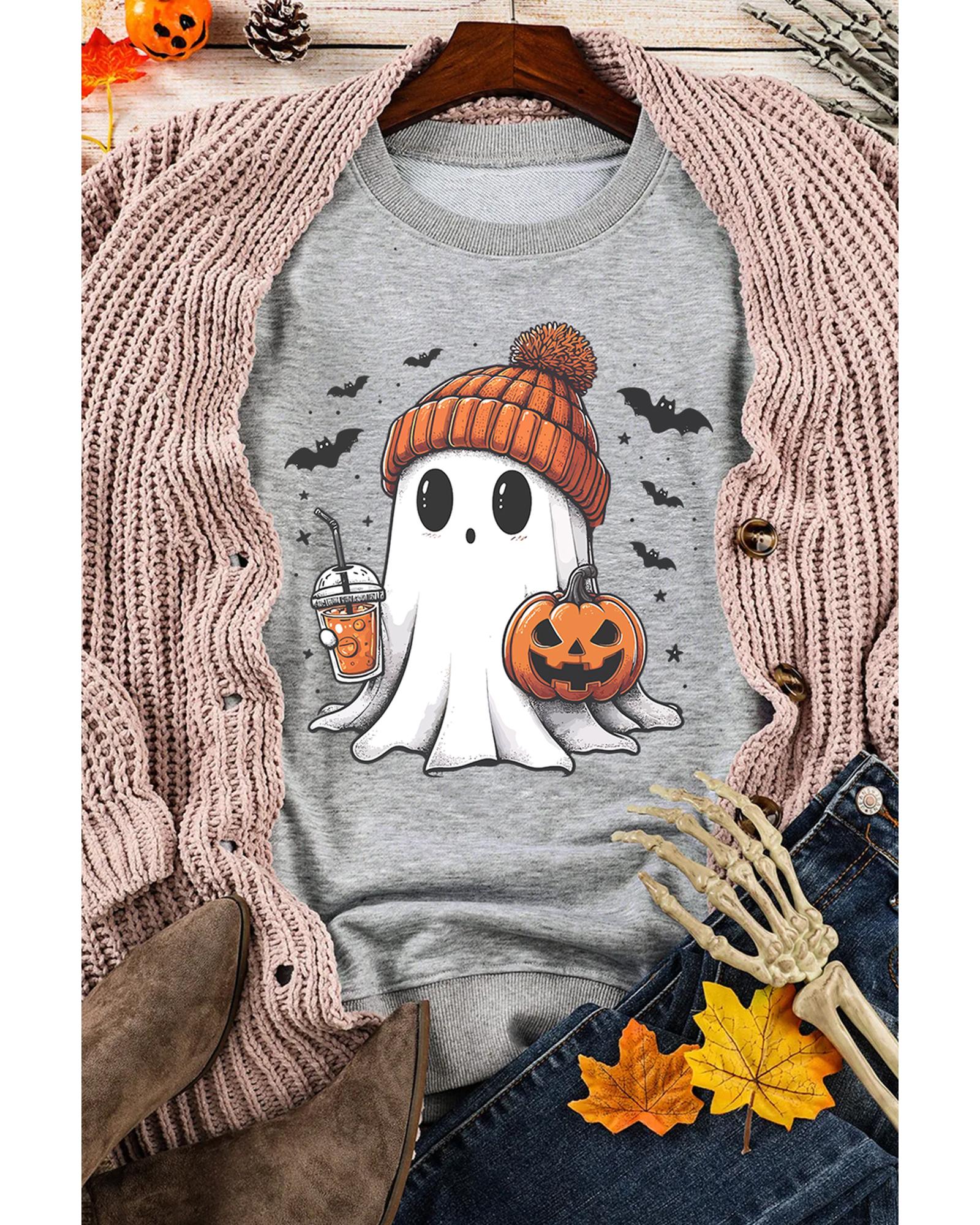 V539-AZEXDC25318691-P11-XL-202508280750-00 Gray Halloween Ghost Print Crewneck Drop Shoulder Sweatshirt - XL - Image 1