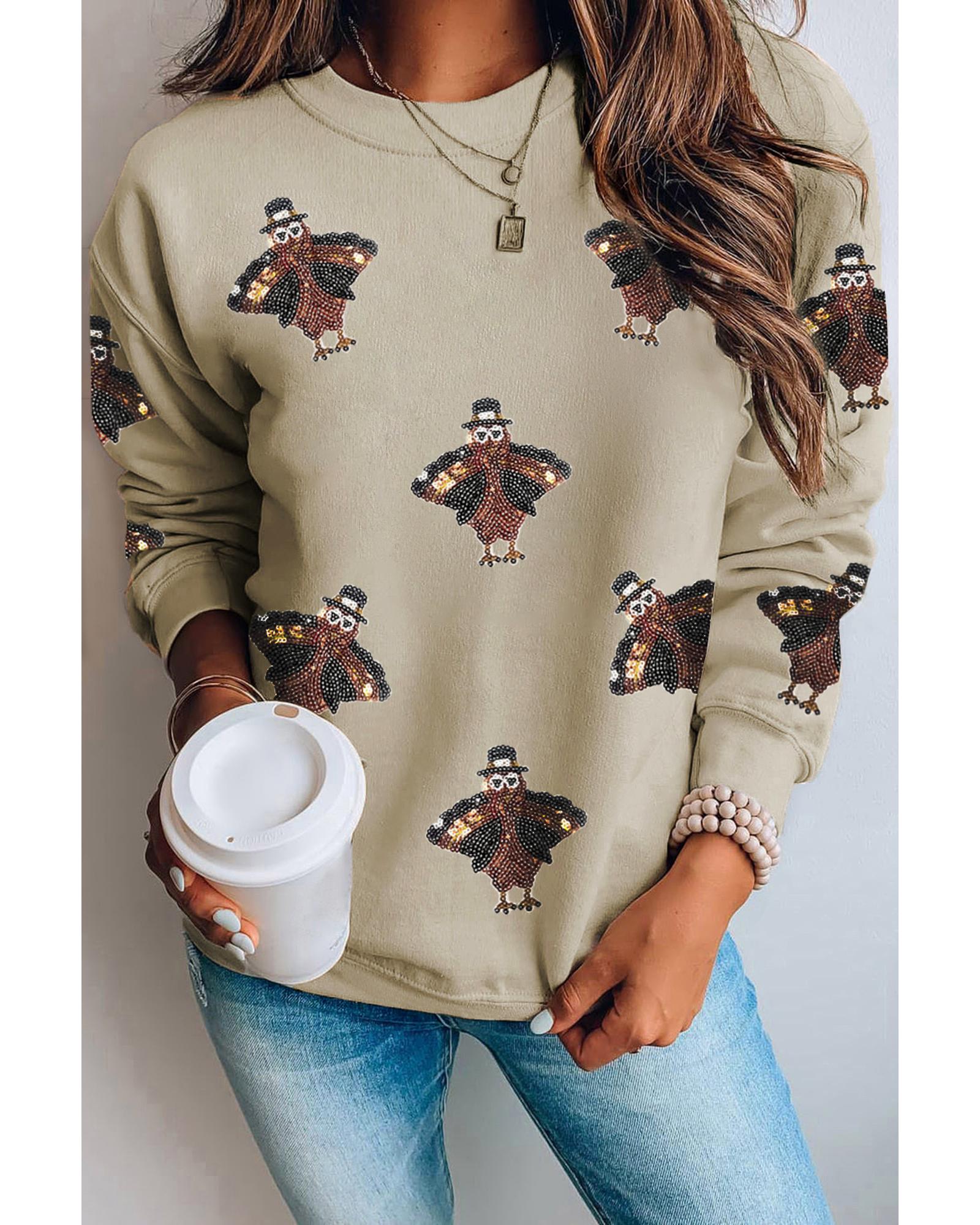 V539-AZEXDC25318694-P6016-M-202508281915-00 Parchment Shimmering Turkey Pattern Thanksgiving Holiday Sweatshirt - M - Image 1