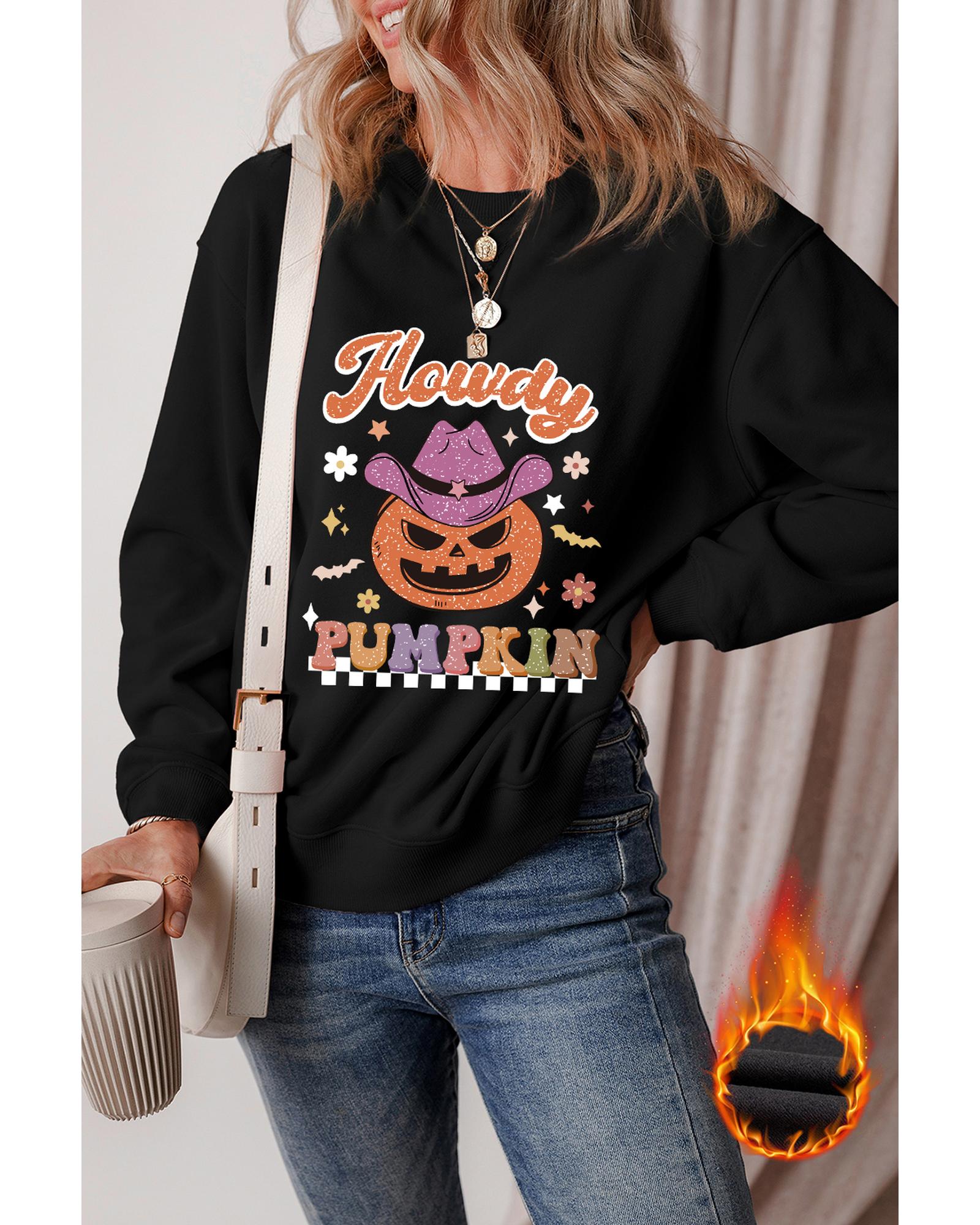 V539-AZEXDC25318725-P2-M-202508281350-00 Black Halloween Howdy PUMPKIN Print Crew Neck Pullover Sweatshirt - M - Image 1