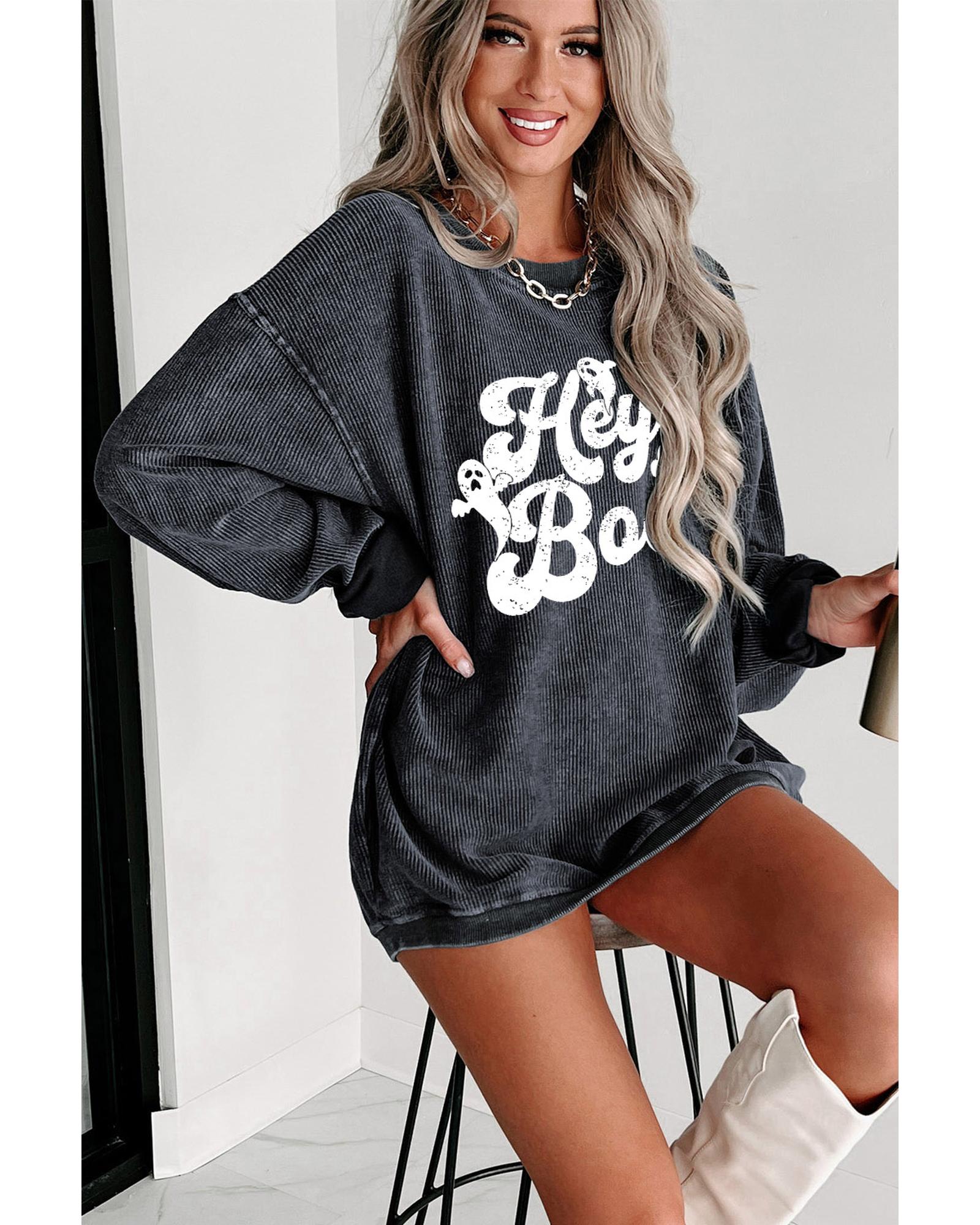 V539-AZEXDC25318743-11-XL-202508282245-00 Gray Corded Hey Boo Ghost Graphic Drop Shoulder Halloween Sweatshirt - XL - Image 1