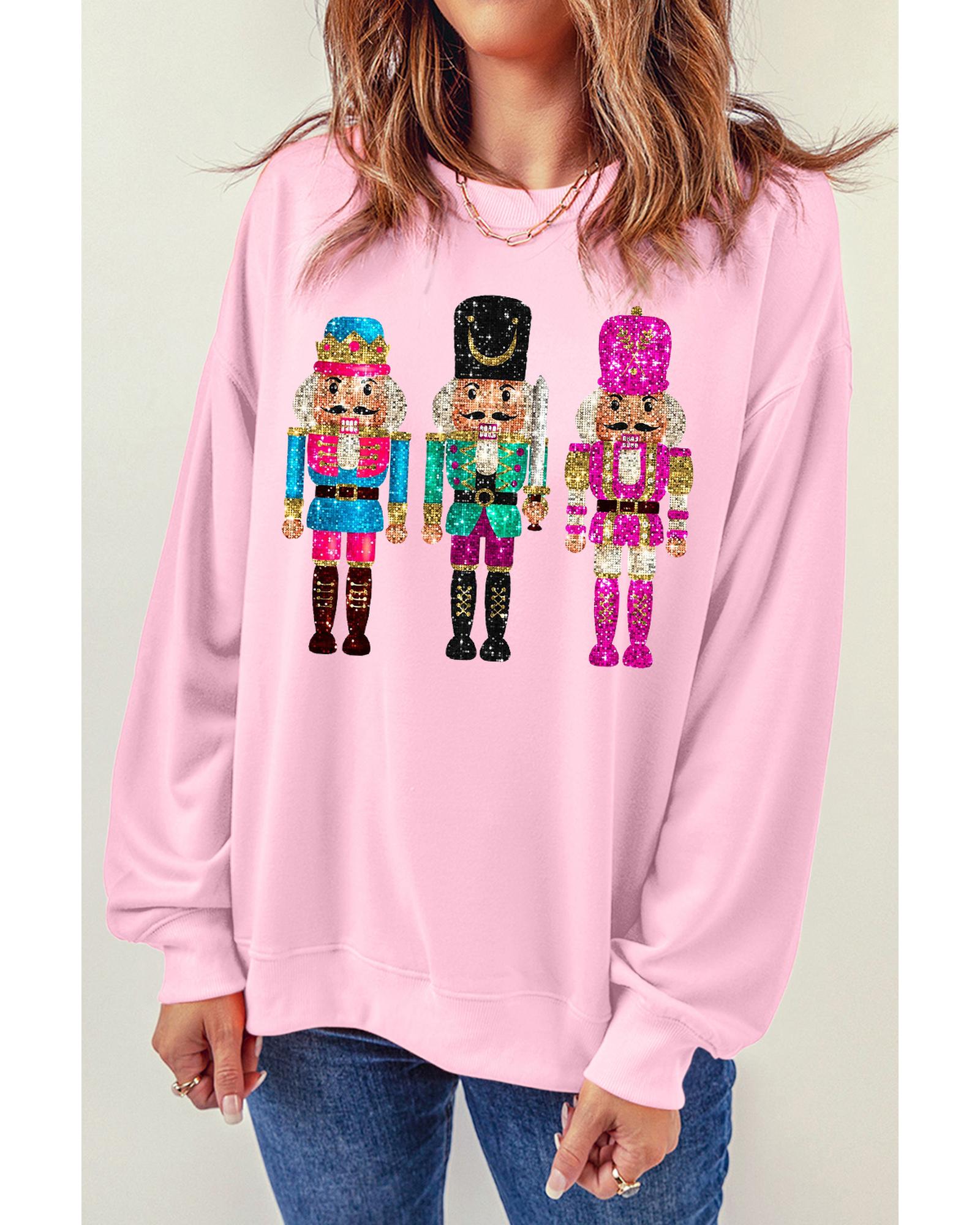V539-AZEXDC25318805-10-M-202508281335-00 Pink Cute Nutcracker Printed Drop Shoulder Christmas Sweatshirt - M - Image 1