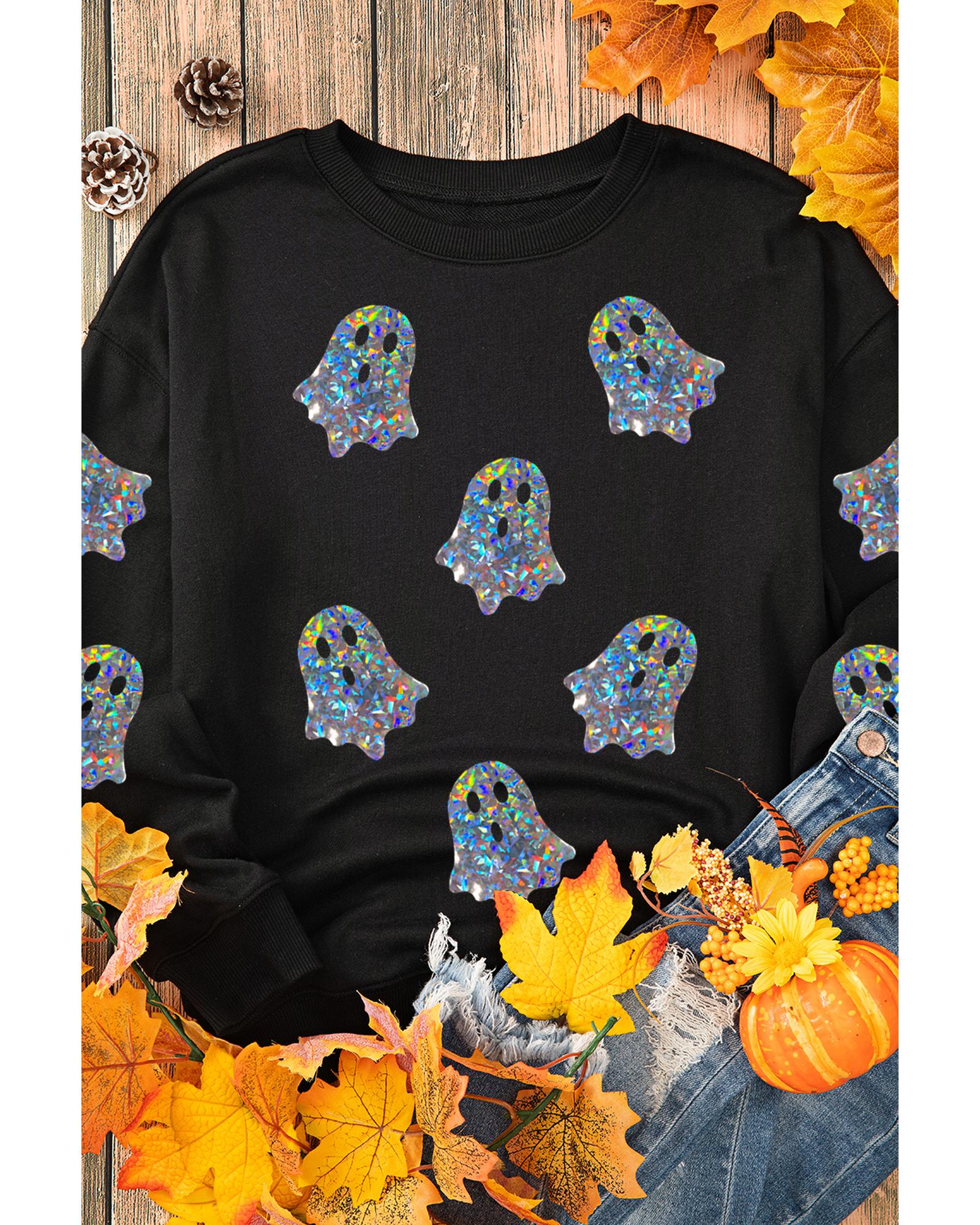 V539-AZEXDC25318813-2-L-202508270505-00 Black Glitter Ghosts Pattern Long Sleeve Halloween Sweatshirt - L - Image 1