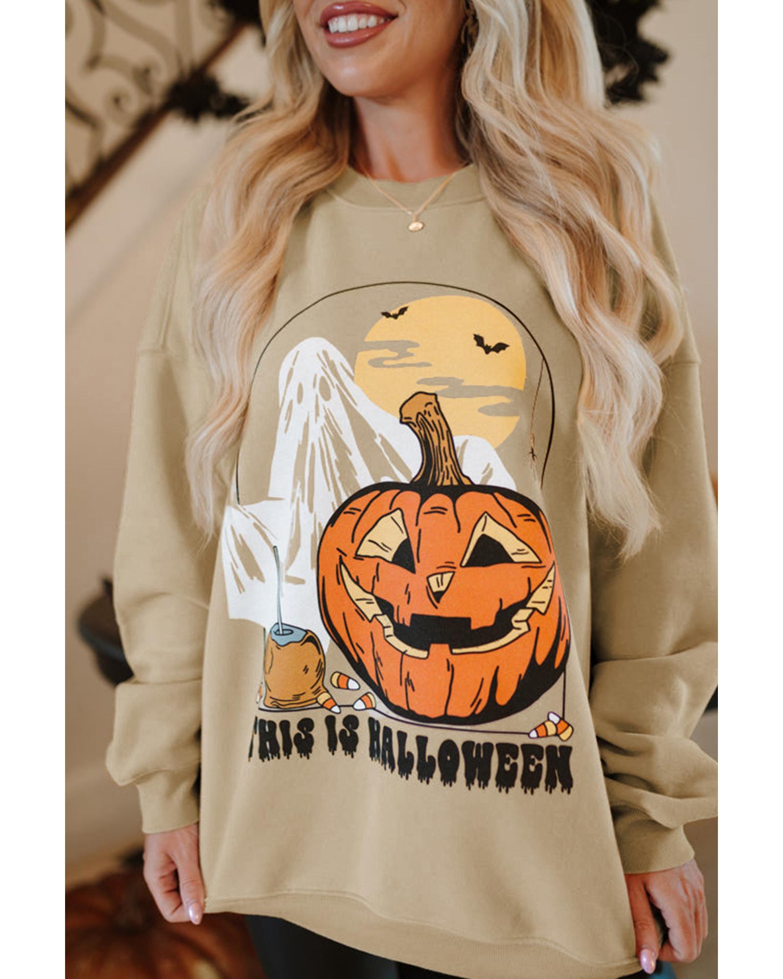V539-AZEXDC25318827-P6016-M-202508270925-00 Parchment Spooky Pumpkin Graphic Crewneck Halloween Sweatshirt - M - Image 1