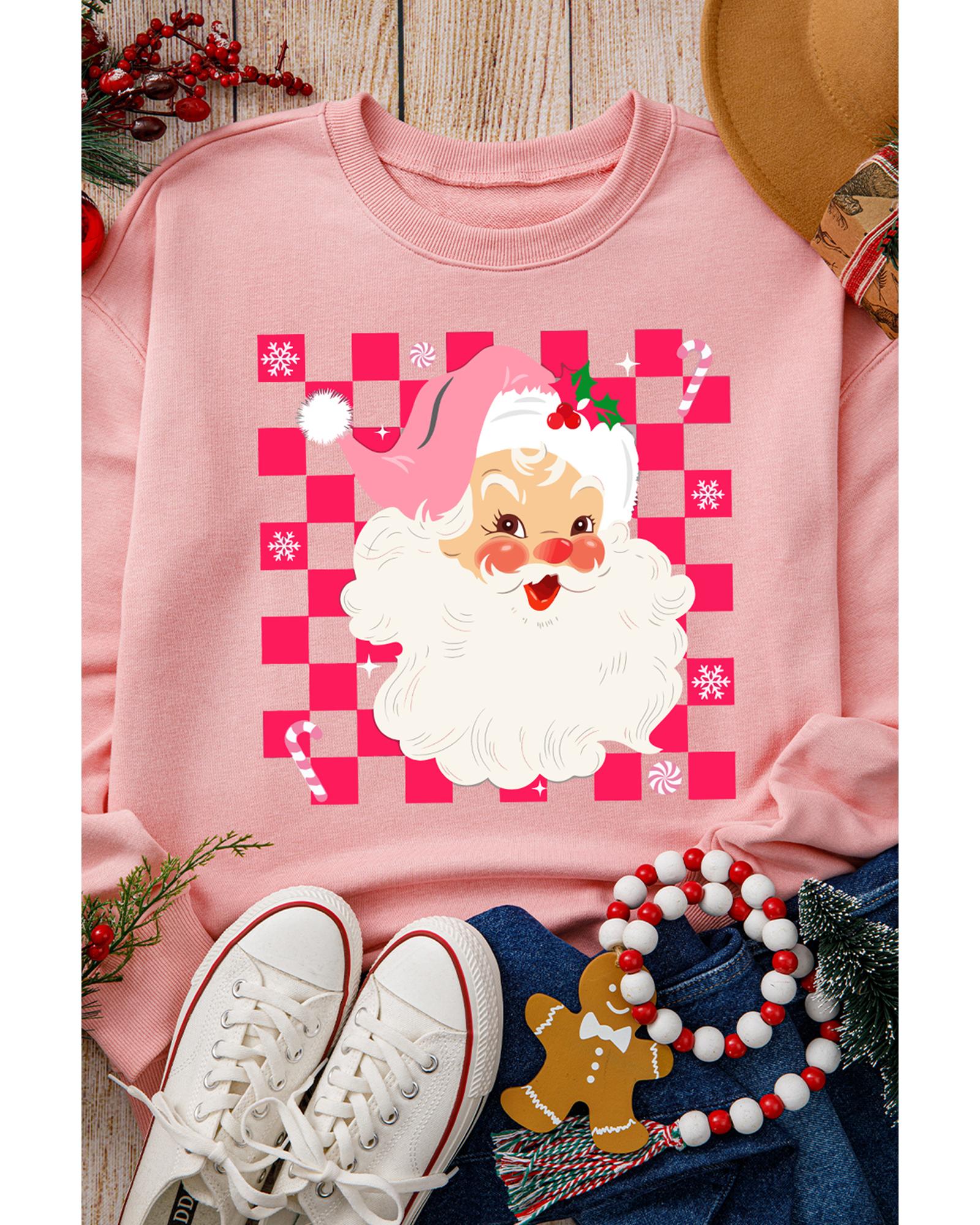 V539-AZEXDC25318873-10-M-202508270715-00 Pink Fancy Checkered Father Christmas Graphic Sweatshirt - M - Image 1