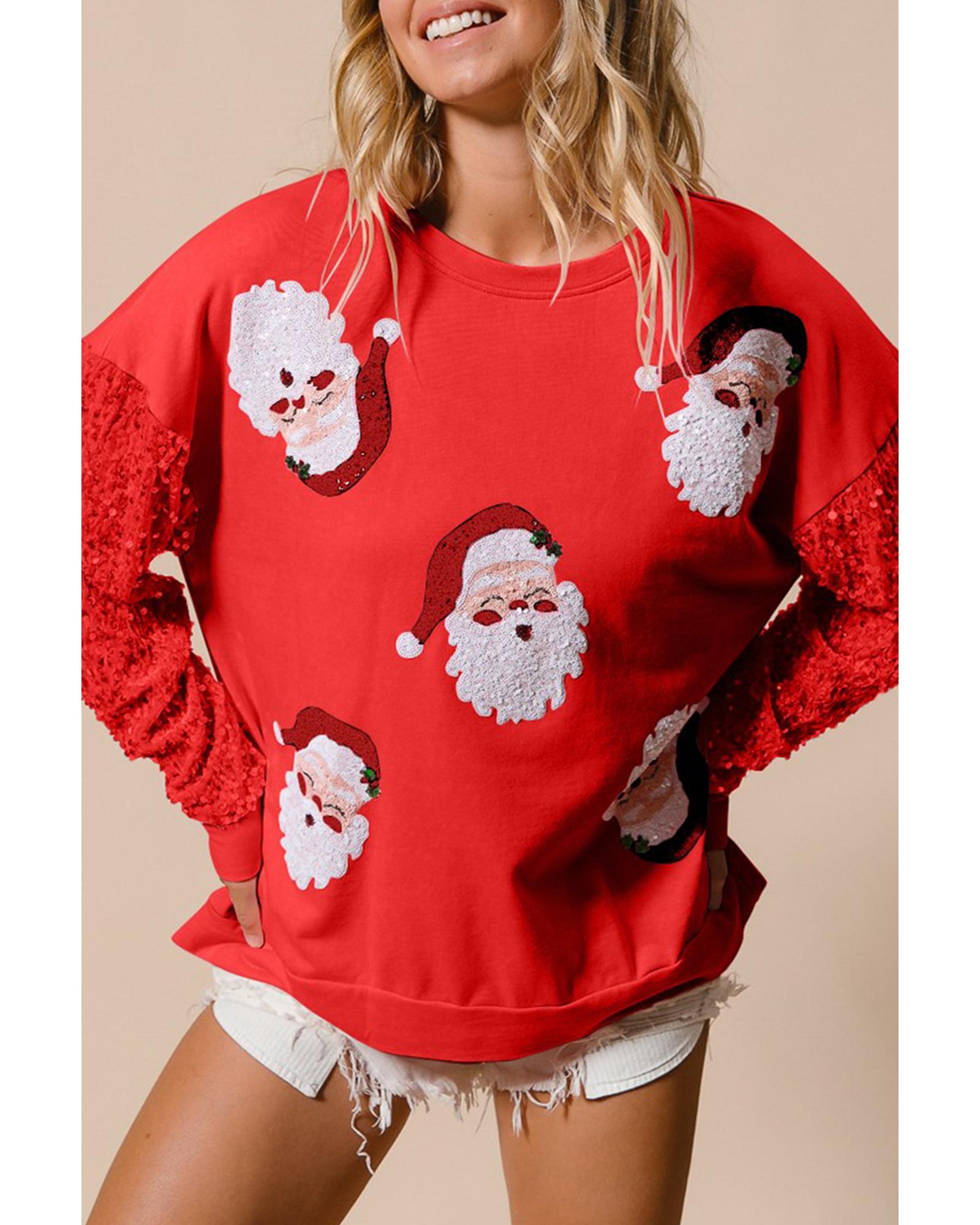 V539-AZEXDC25318884-P3-L-202508300135-00 Fiery Red Sequined Santa Claus Long Sleeve Christmas Sweatshirt - L - Image 1