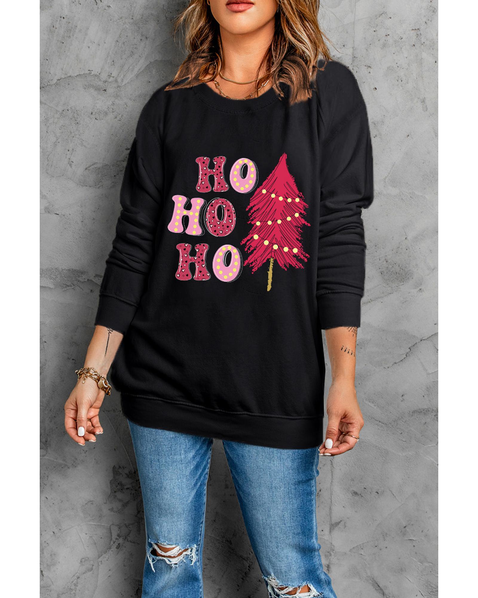 V539-AZEXDC25318891-2-XL-202508300125-00 Black HO HO HO Christmas Tree Graphic Pullover Sweatshirt - XL - Image 1