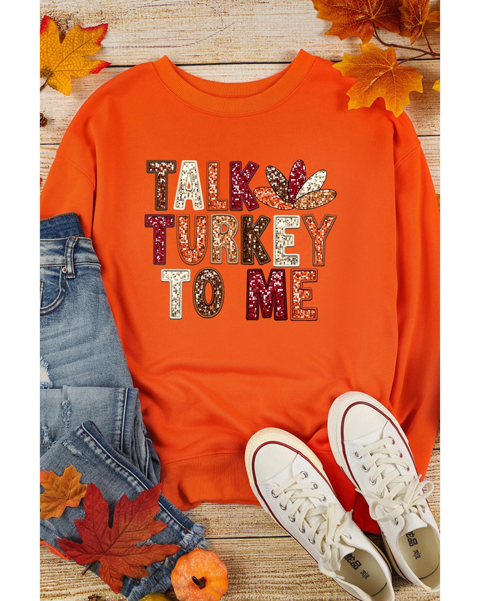 V539-AZEXDC25318896-14-XL-202508290130-00 Orange TALK TURKEY TO ME Heat Transfer Printing Graphic Thanksgiving Holiday Sweatshirt - XL - Image 1