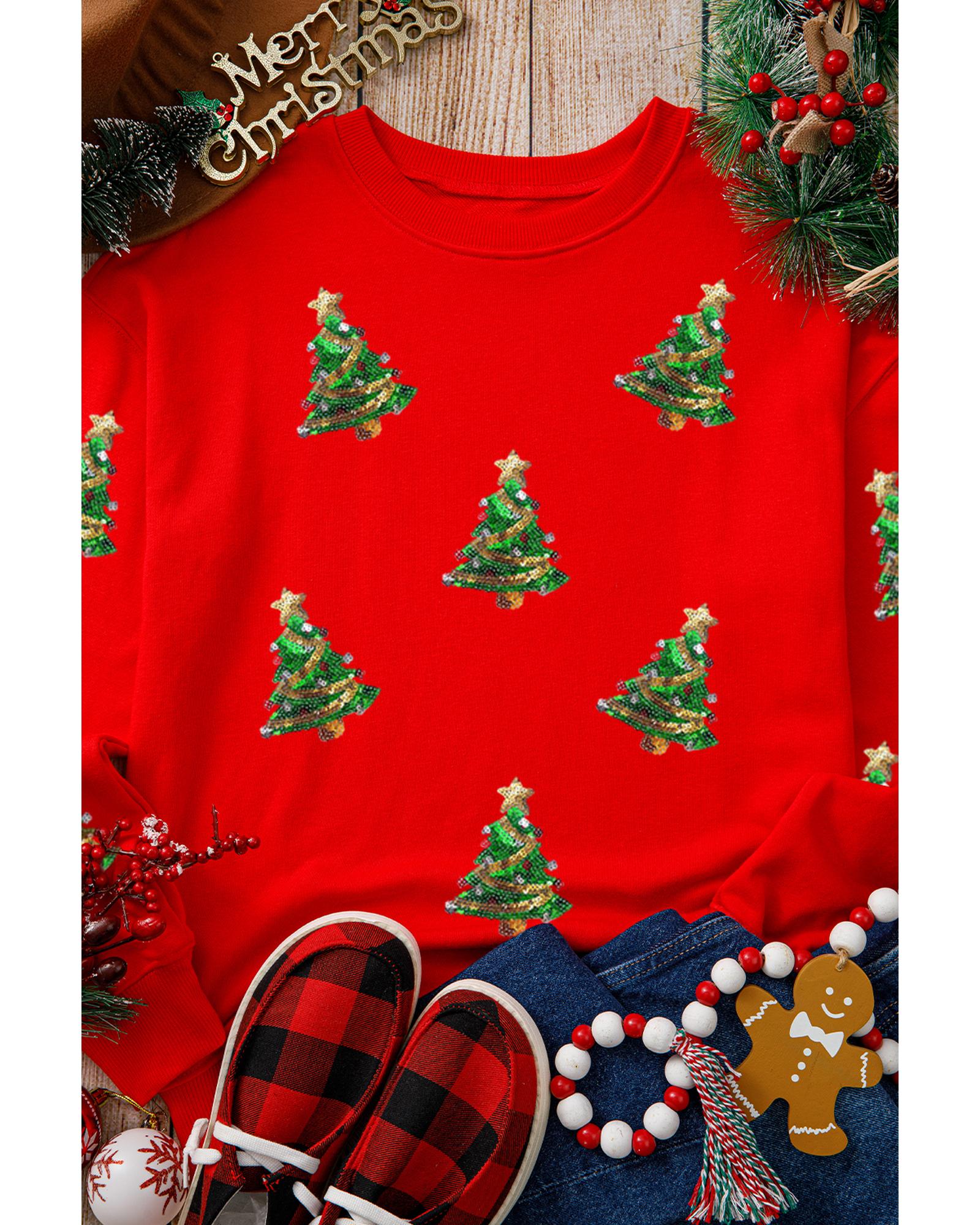 V539-AZEXDC25318900-3-S-202506130732-00 Red Sequin Christmas Tree Graphic Drop Shoulder Sweatshirt - S - Image 1