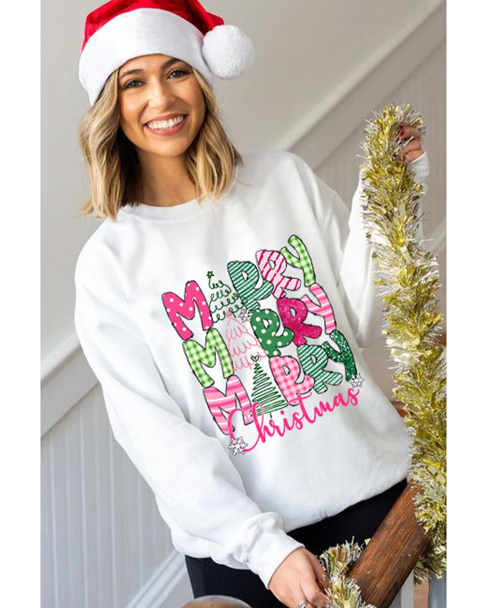 V539-AZEXDC25318906-15-M-202508280625-00 Beige MERRY Christmas Printed Drop Shoulder Pullover Sweatshirt - M - Image 1