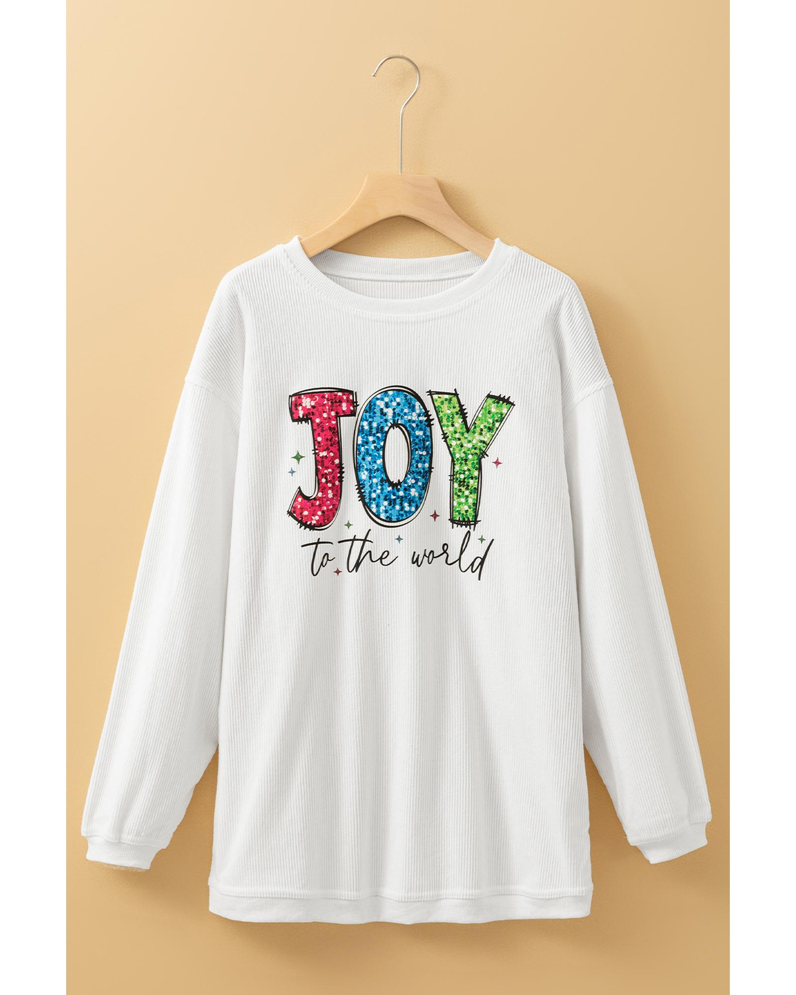 V539-AZEXDC25318977-P1-S-202506130825-00 White JOY to the world Ribbed Crewneck Pullover Sweatshirt - S - Image 1