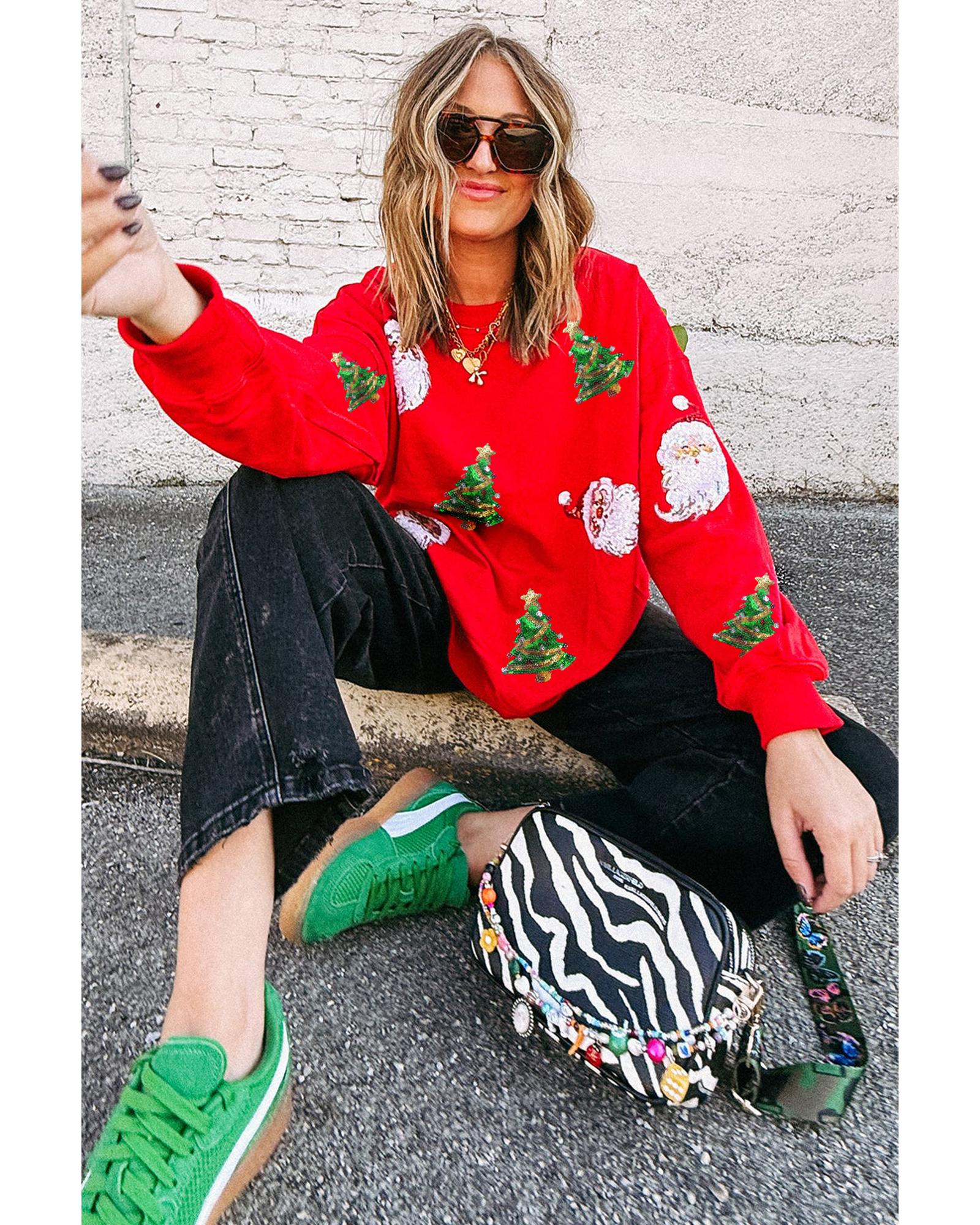 V539-AZEXDC25319154-3-L-202508282030-00 Red Santa Claus Christmas Tree Patched Pattern Drop Shoulder Sweatshirt - L - Image 1