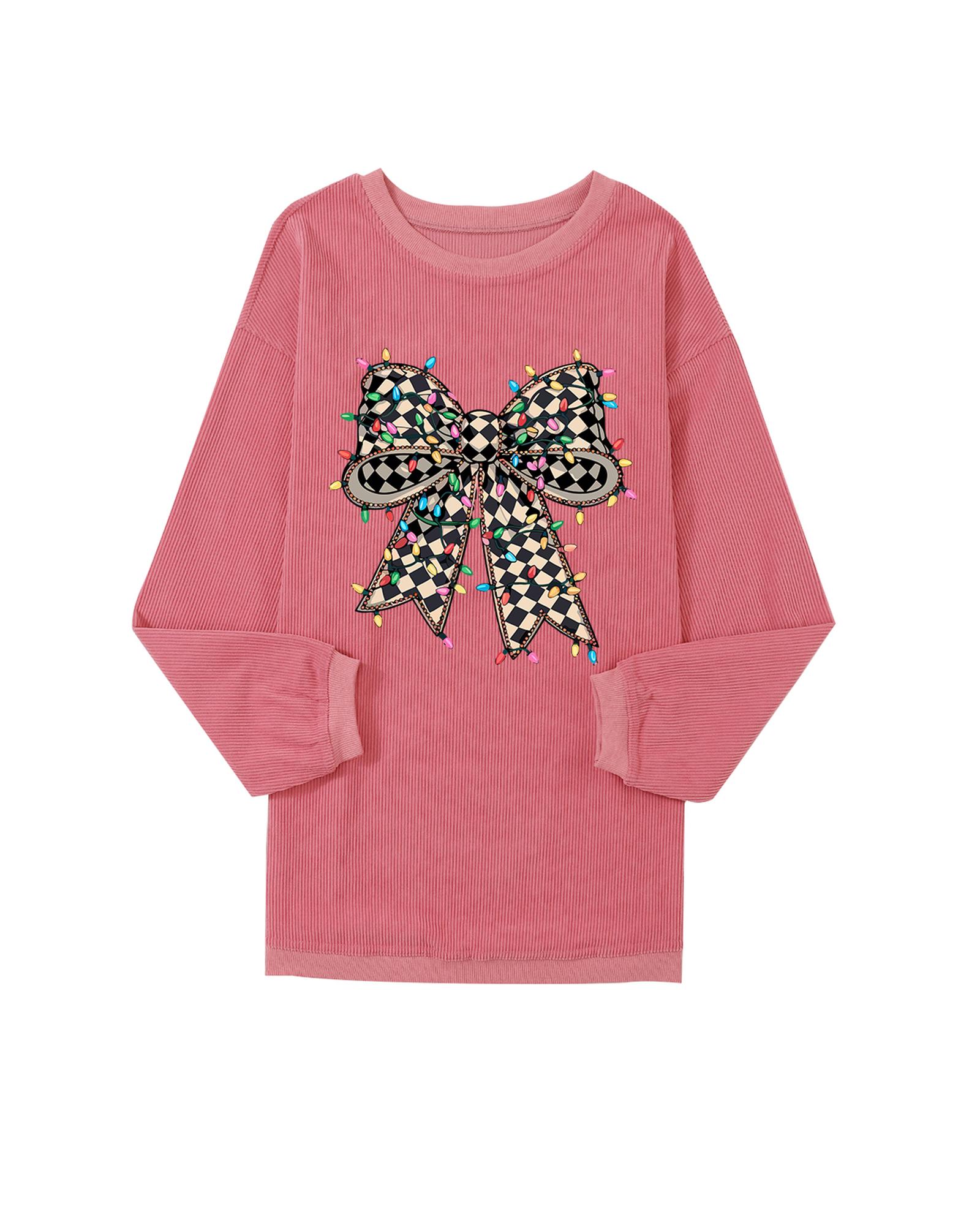V539-AZEXDC25319193-P306-L-202508291340-00 Strawberry Pink Checkered Bow Print Ribbed Crew Neck Pullover Sweatshirt - L - Image 1