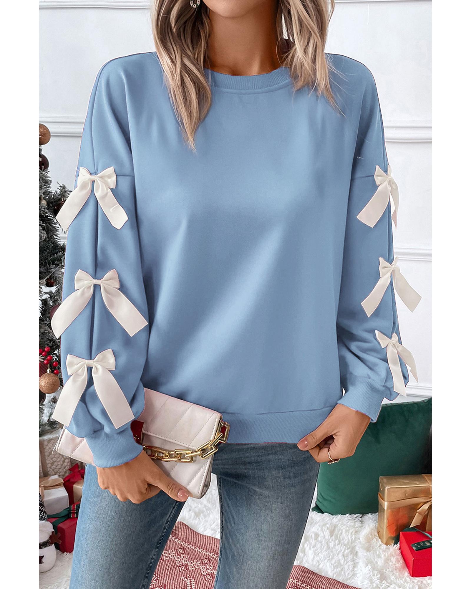 V539-AZEXDC25319198-P1204-M-202508270855-00 Myosotis Contrast Bow Decor Dropped Sleeve Crewneck Sweatshirt - M - Image 1