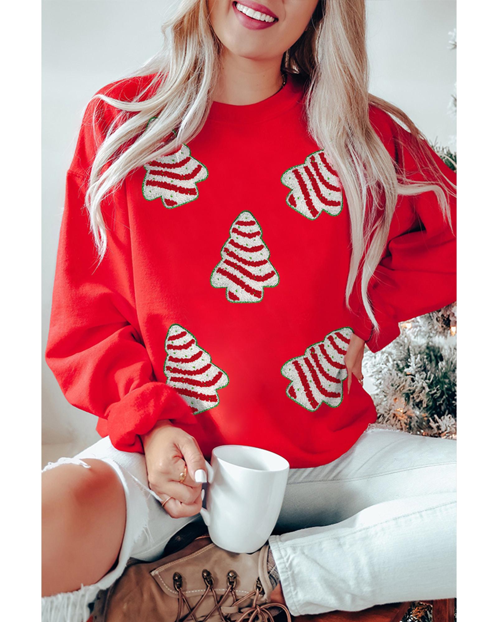 V539-AZEXDC25319213-3-M-202508272140-00 Red Playful Christmas Tree Patched Dropped Shoulder Sweatshirt - M - Image 1