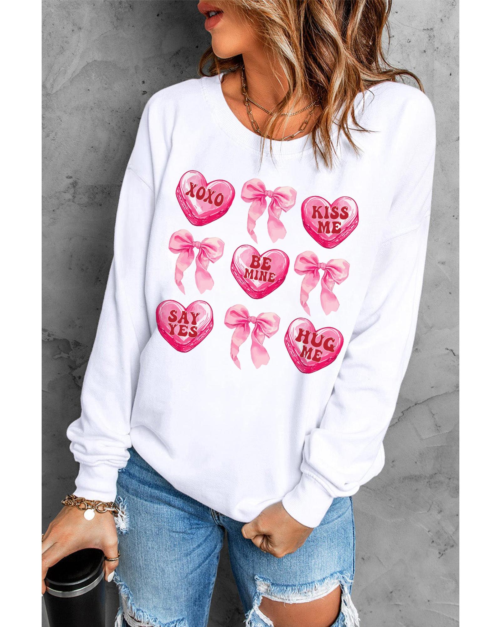 V539-AZEXDC25319283-15-2XL-202508290105-00 White Valentine Candy Heart & Bow Graphic Sweatshirt - 2XL - Image 1