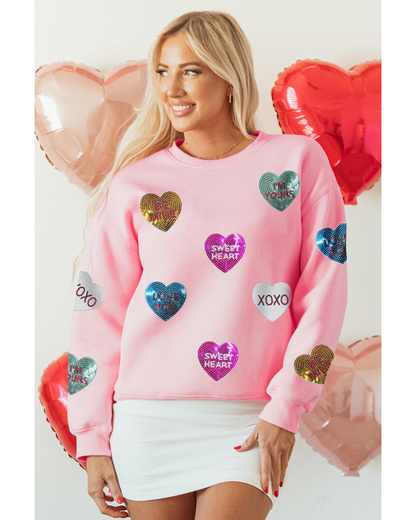 V539-AZEXDC25319306-10-L-202508292040-00 Pink Sequin Romantic Letters Heart Graphic Valentines Sweatshirt - L - Image 1