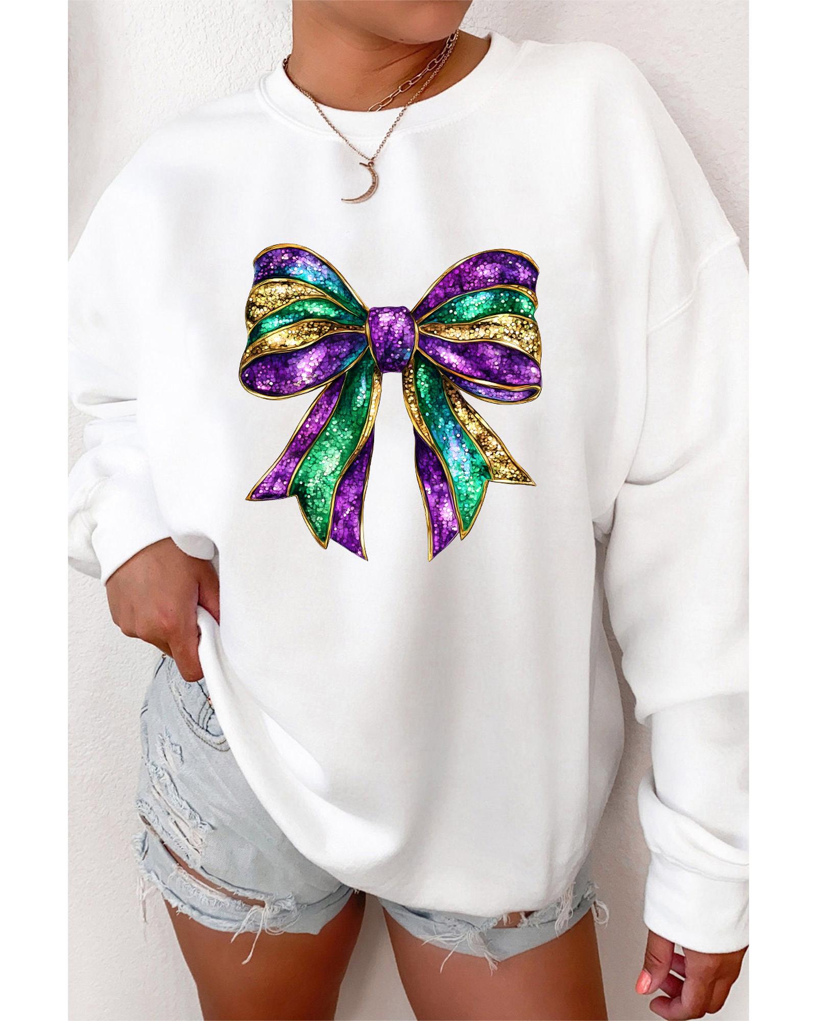 V539-AZEXDC25319324-15-L-202508291520-00 White Mardi Gras Bow Graphic Drop Shoulder Sweatshirt - L - Image 1