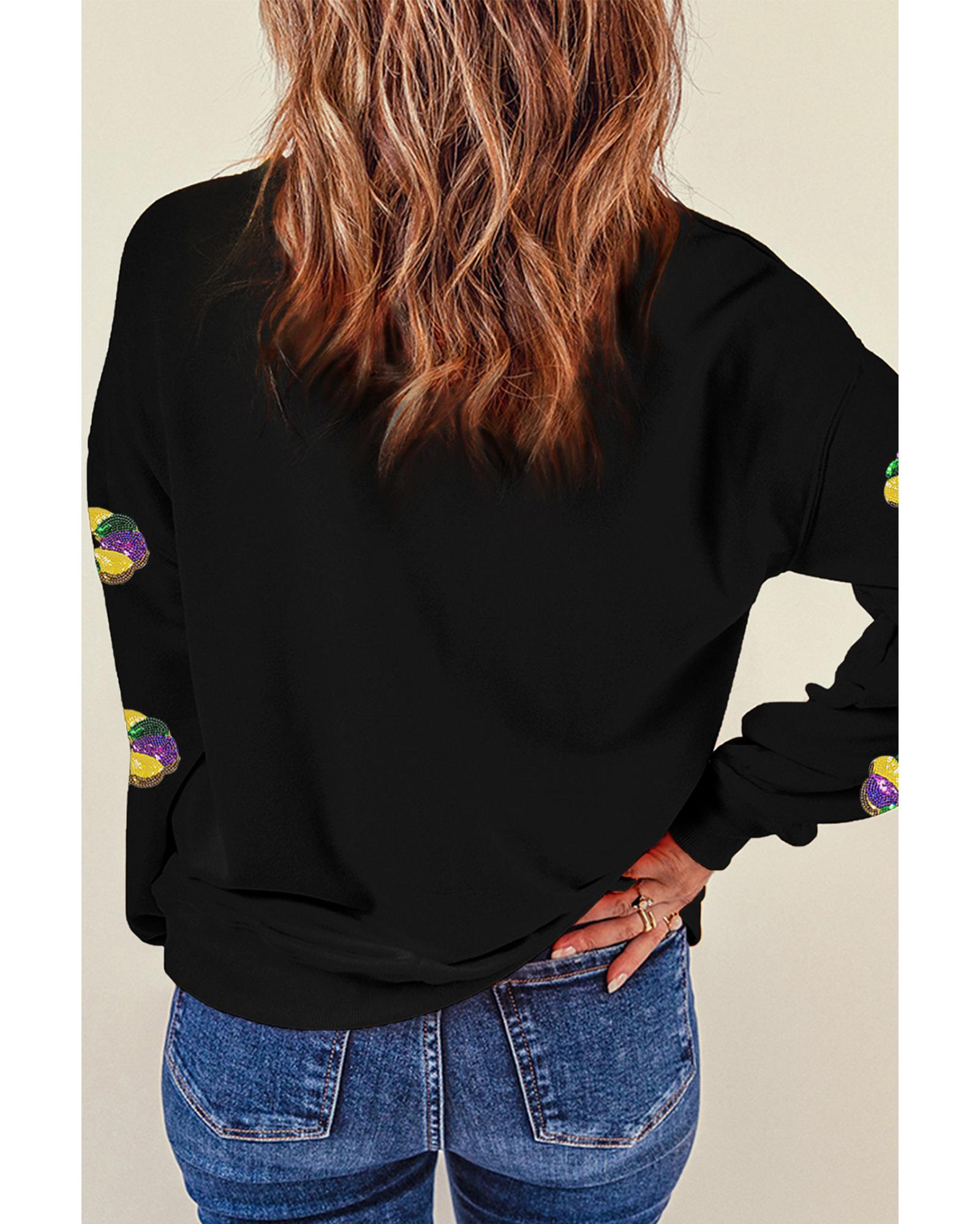 V539-AZEXDC25319381-2-S-202506130817-00 Black Sequined Donuts of Mardi Gras Colors Drop Shoulder Sweatshirt - S - Image 1