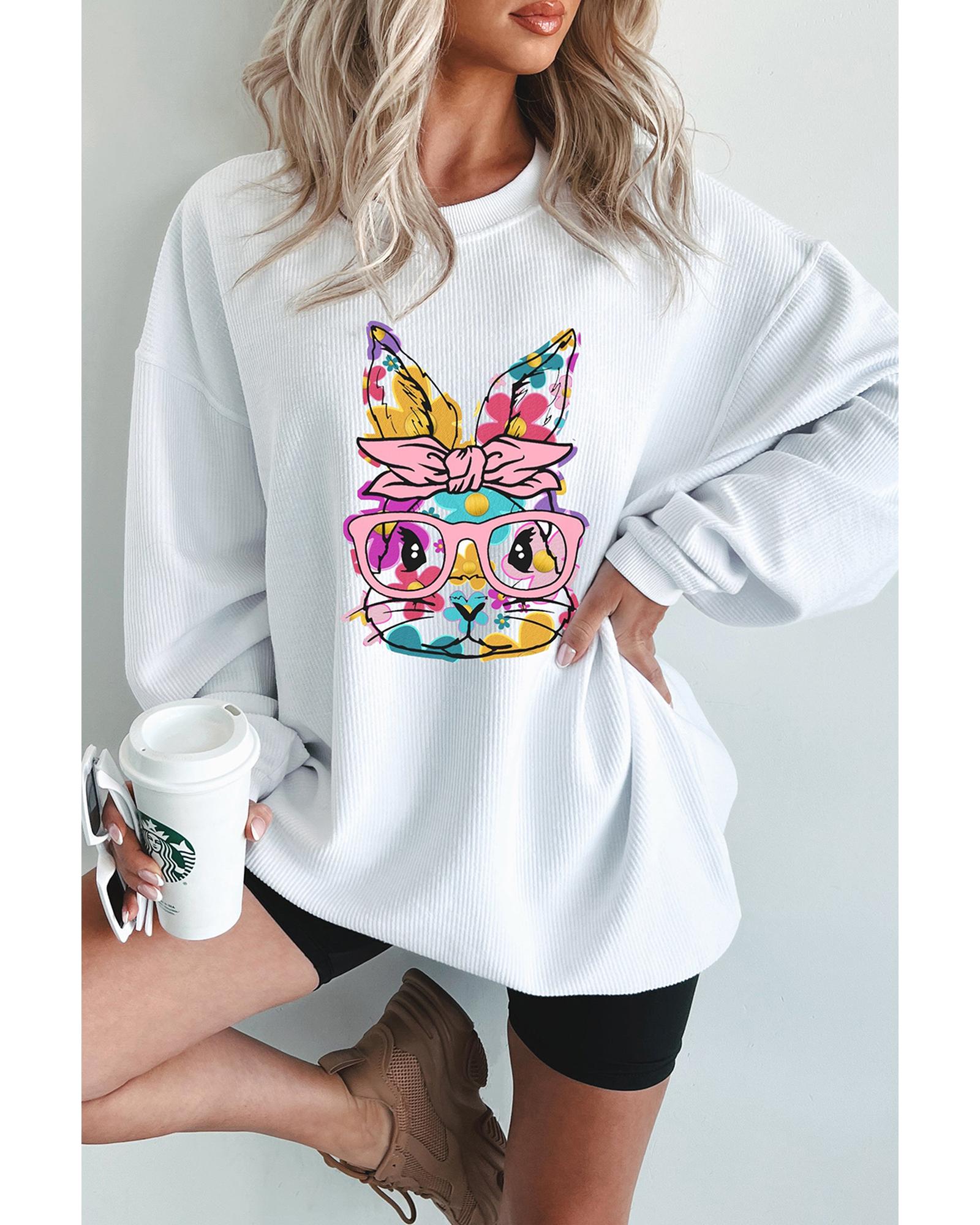 V539-AZEXDC25319448-P1-M-202508291850-00 White Floral Rabbit with Glasses Graphic Corded Easter Sweatshirt - M - Image 1
