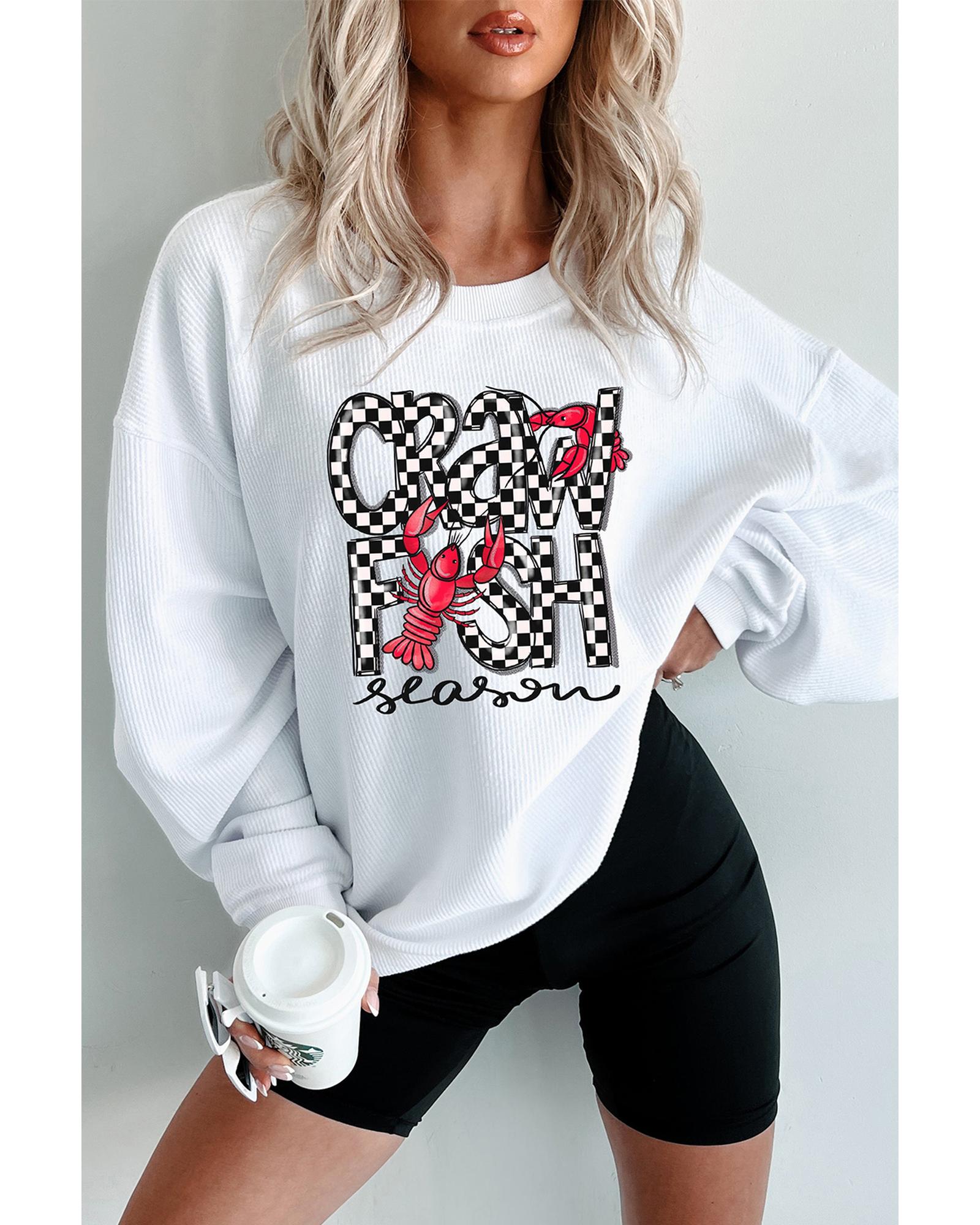 V539-AZEXDC25319459-P1-S-202506191737-00 White Crawfish Season Checkered Letter Graphic Corded Sweatshirt - S - Image 1