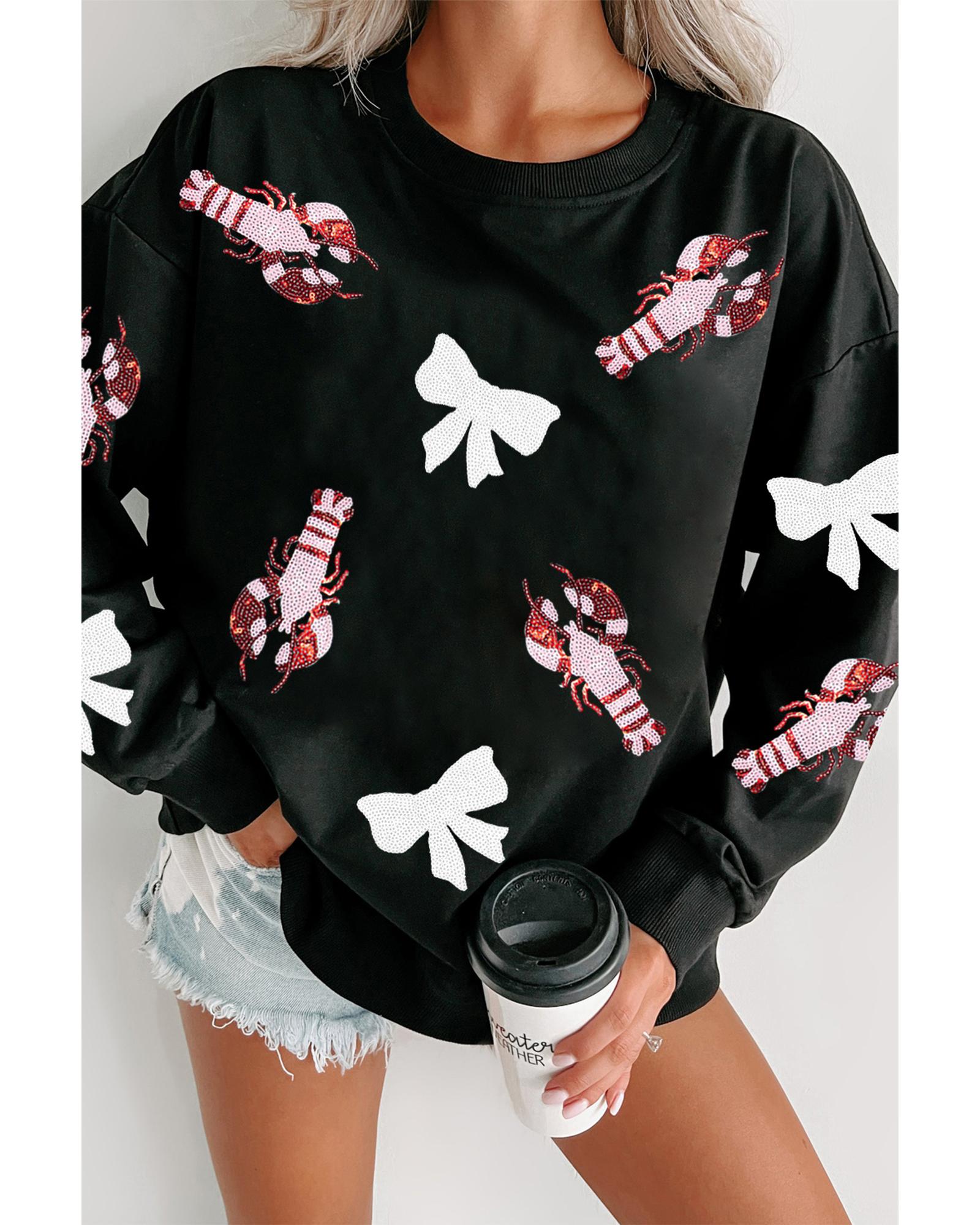 V539-AZEXDC25319463-2-S-202506130917-00 Black Crawfish Bow Sequin Patched Graphic Sweatshirt - S - Image 1