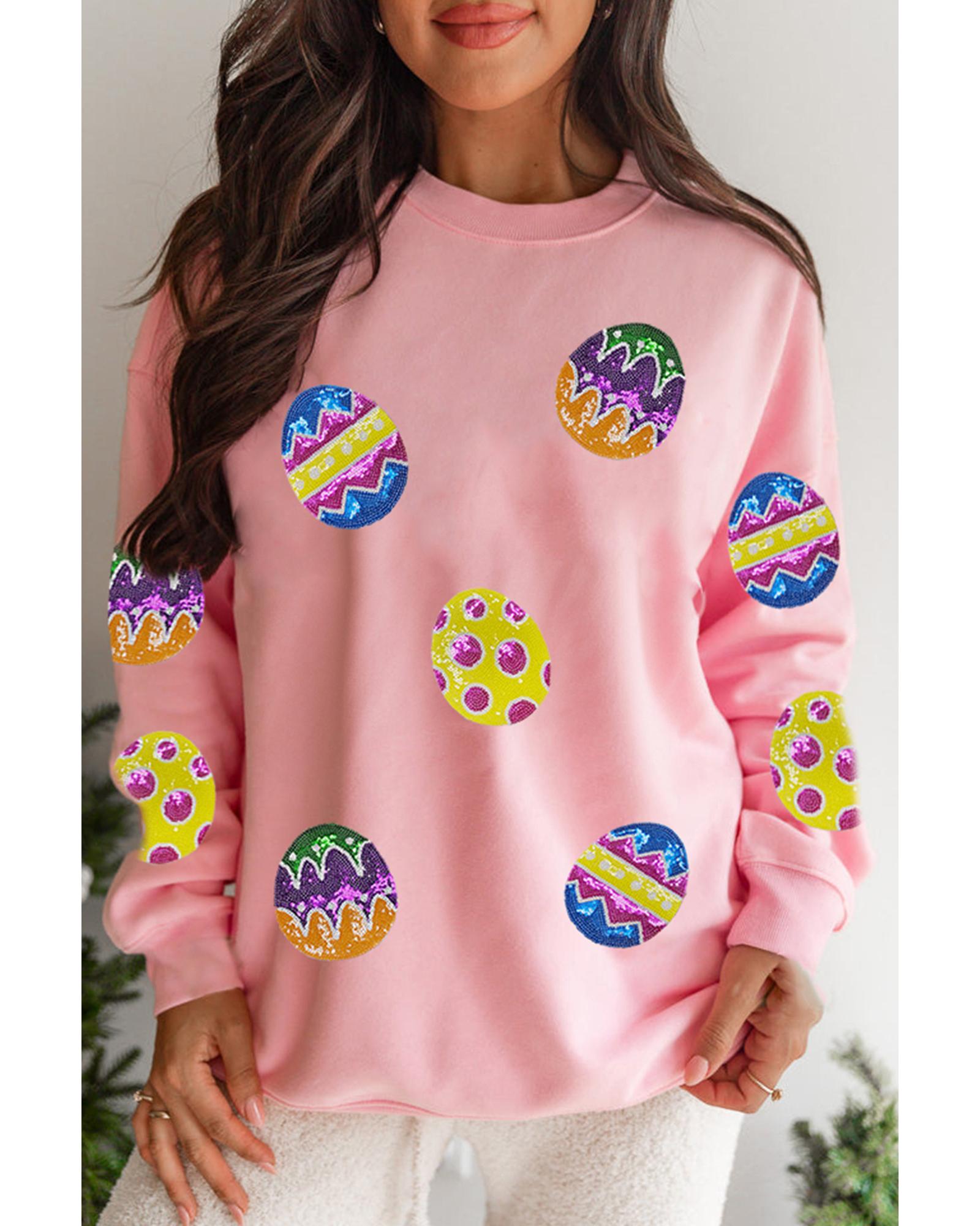 V539-AZEXDC25319477-10-L-202508300620-00 Pink Easter Egg Patched Graphic Drop Shoulder Pullover Sweatshirt - L - Image 1