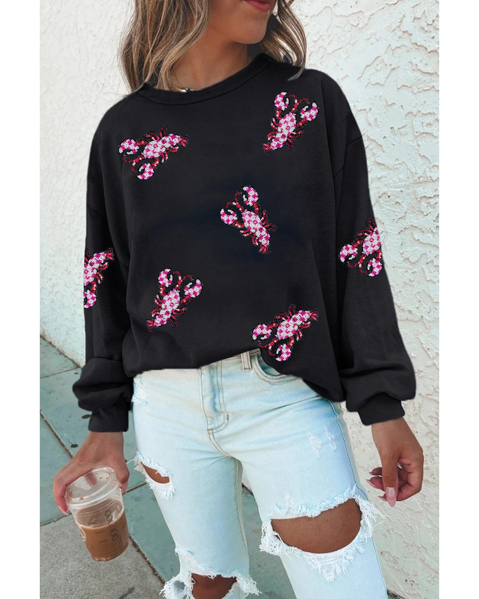 V539-AZEXDC25319483-2-L-202508281145-00 Black Sequined Crawfish Graphic Drop Shoulder Sweatshirt - L - Image 1