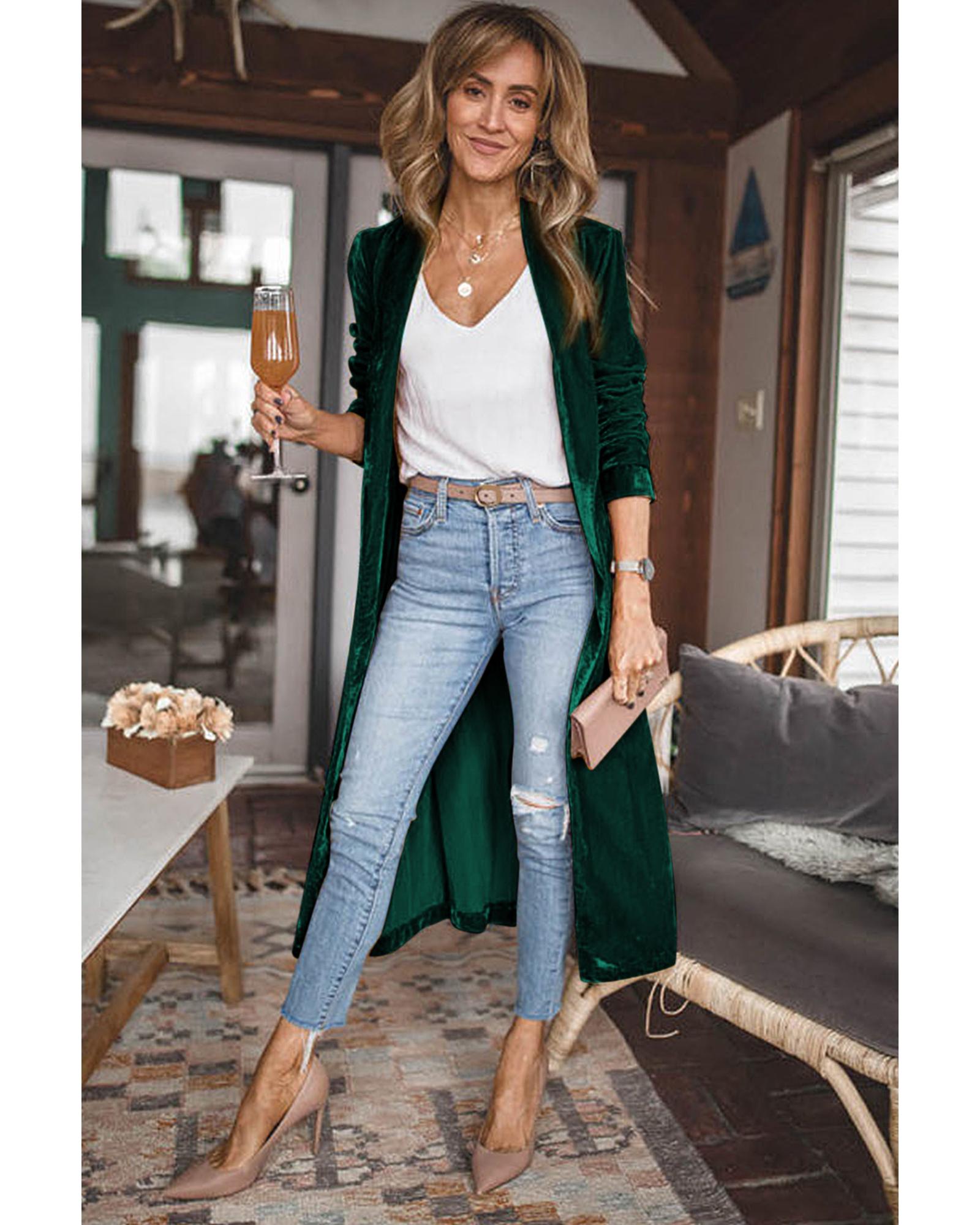 V539-AZEXDC2541539-9-XL-202508271730-00 Green Velvet Open Front Pocketed Long Duster - XL - Image 1