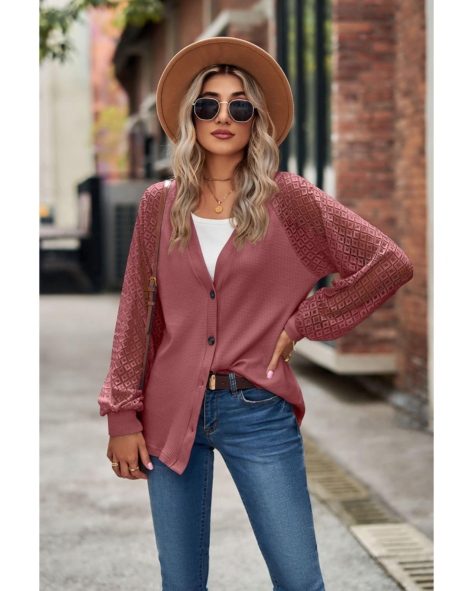 V539-AZEXDC2541906-3-L-202508270355-00 Azura Exchange Waffled Knit Lace Long Sleeve Buttoned Cardigan - L - Image 1