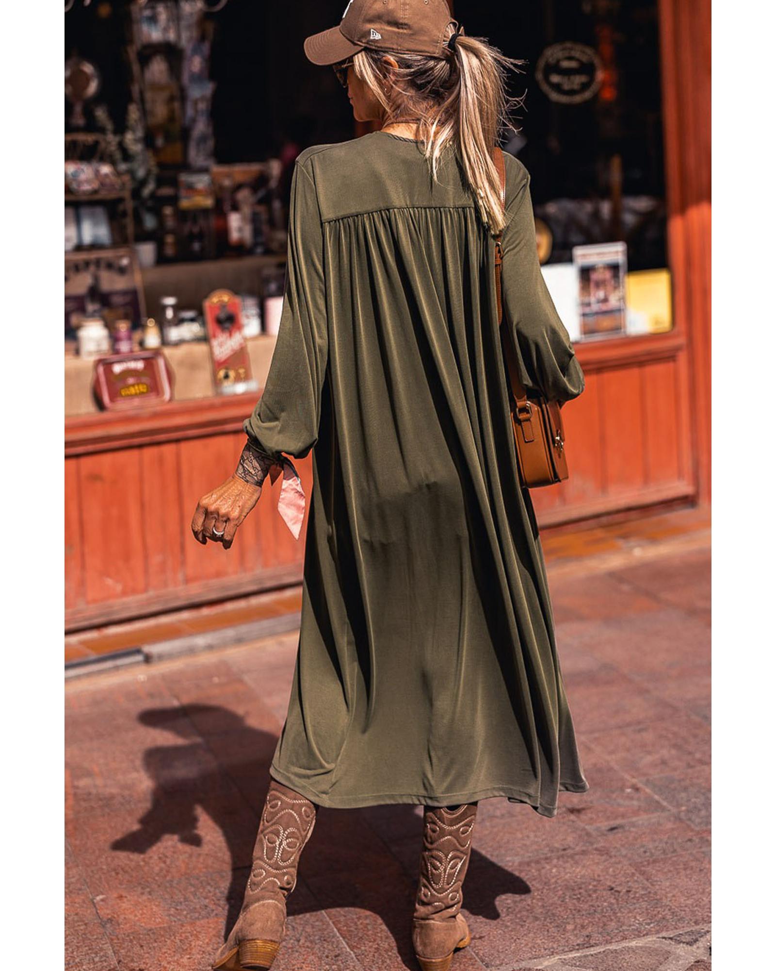V539-AZEXDC2541925-9-L-202508300410-00 Green Lightweight Long Sleeve Open Front Duster Cardigan - L - Image 1