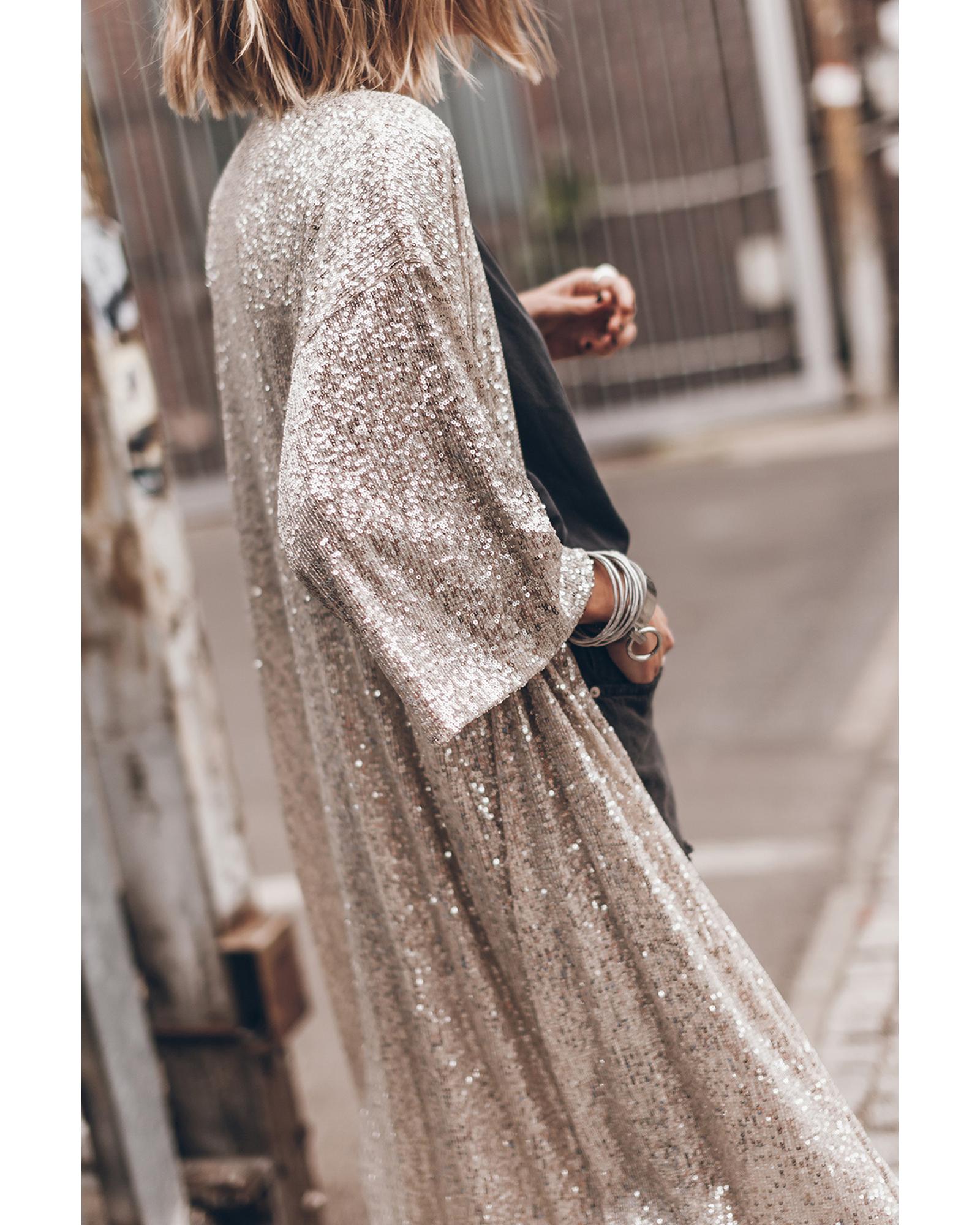 V539-AZEXDC2542013-18-XL-202508281240-00 Apricot Sequin 3/4 Sleeve Open Front Duster Kimono - XL - Image 1