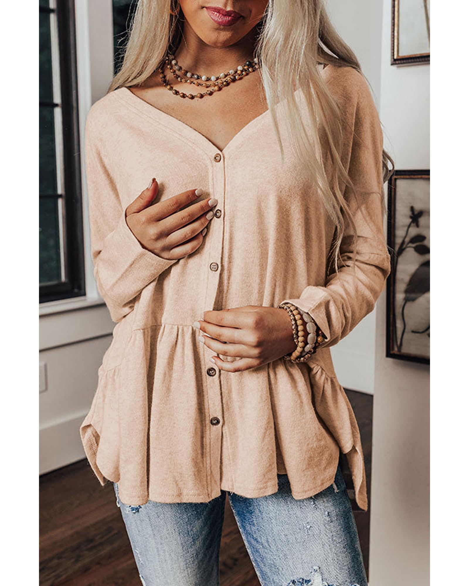 V539-AZEXDC2542469-P2015-L-202508281905-00 Jet Stream Ruffled V Neck Buttoned V Neck Shirt - L - Image 1