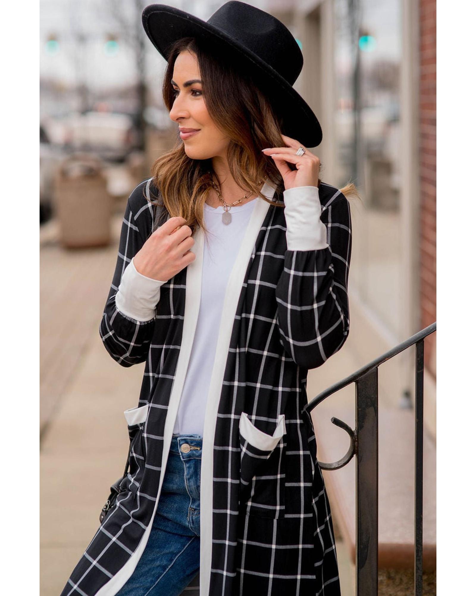 V539-AZEXDC2542503-P220-S-202506130742-00 Black Plaid Colorblock Edge Open Cardigan with Pocket - S - Image 1
