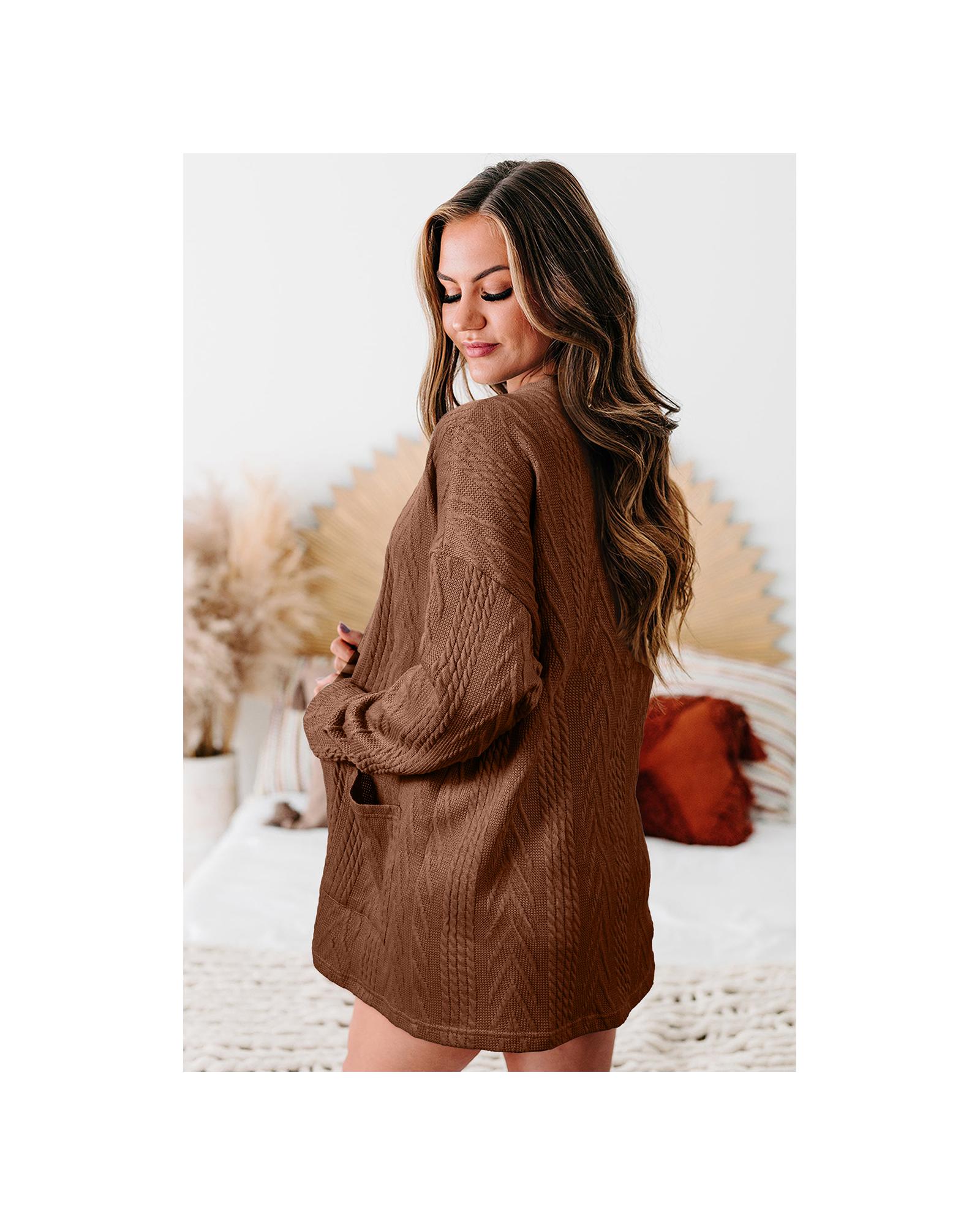 V539-AZEXDC2542505-P1017-S-202506130746-00 Coffee Solid Textured Open Front Cardigan with Pocket - S - Image 1