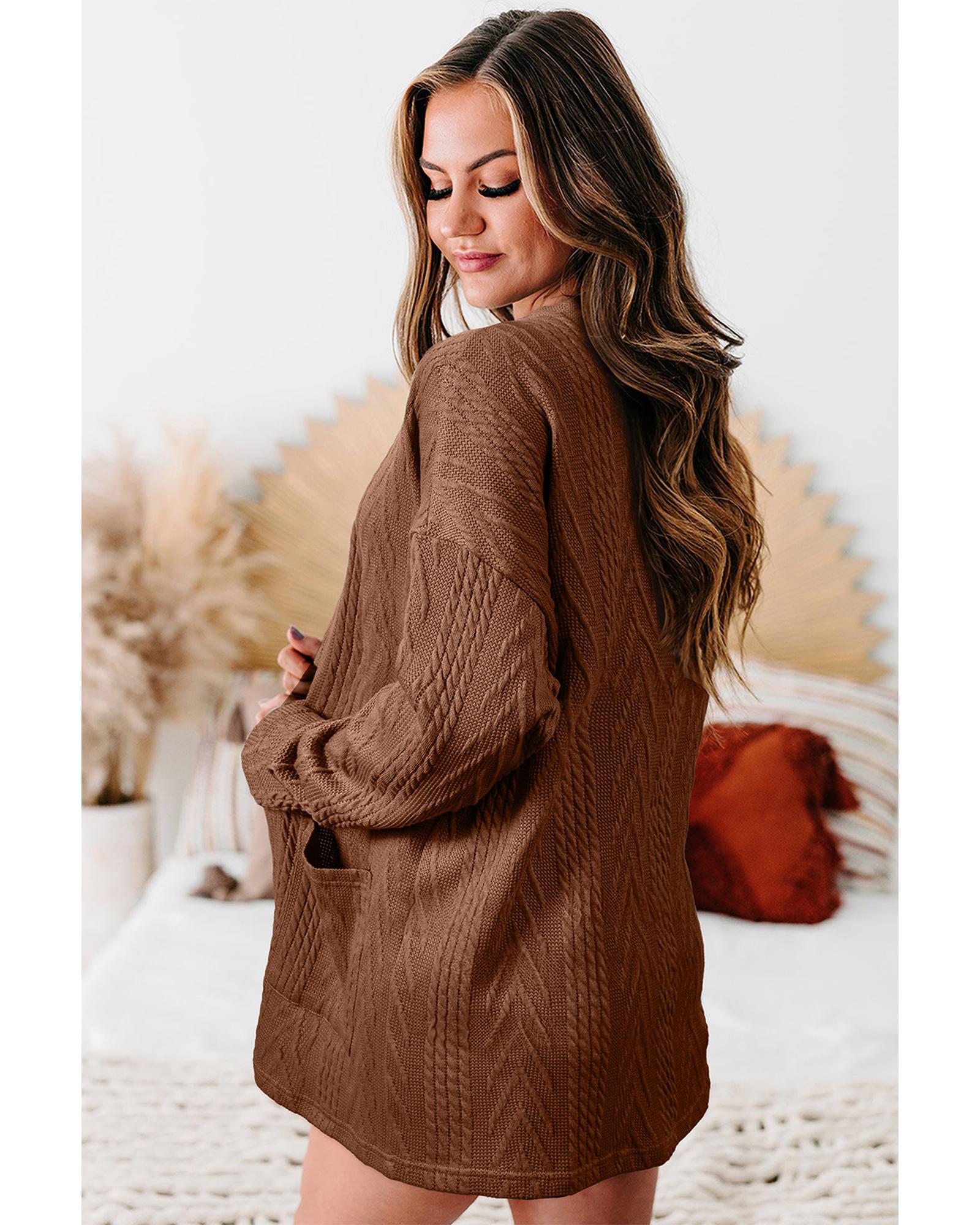 V539-AZEXDC2542505-P1017-XL-202508290015-00 Coffee Solid Textured Open Front Cardigan with Pocket - XL - Image 1