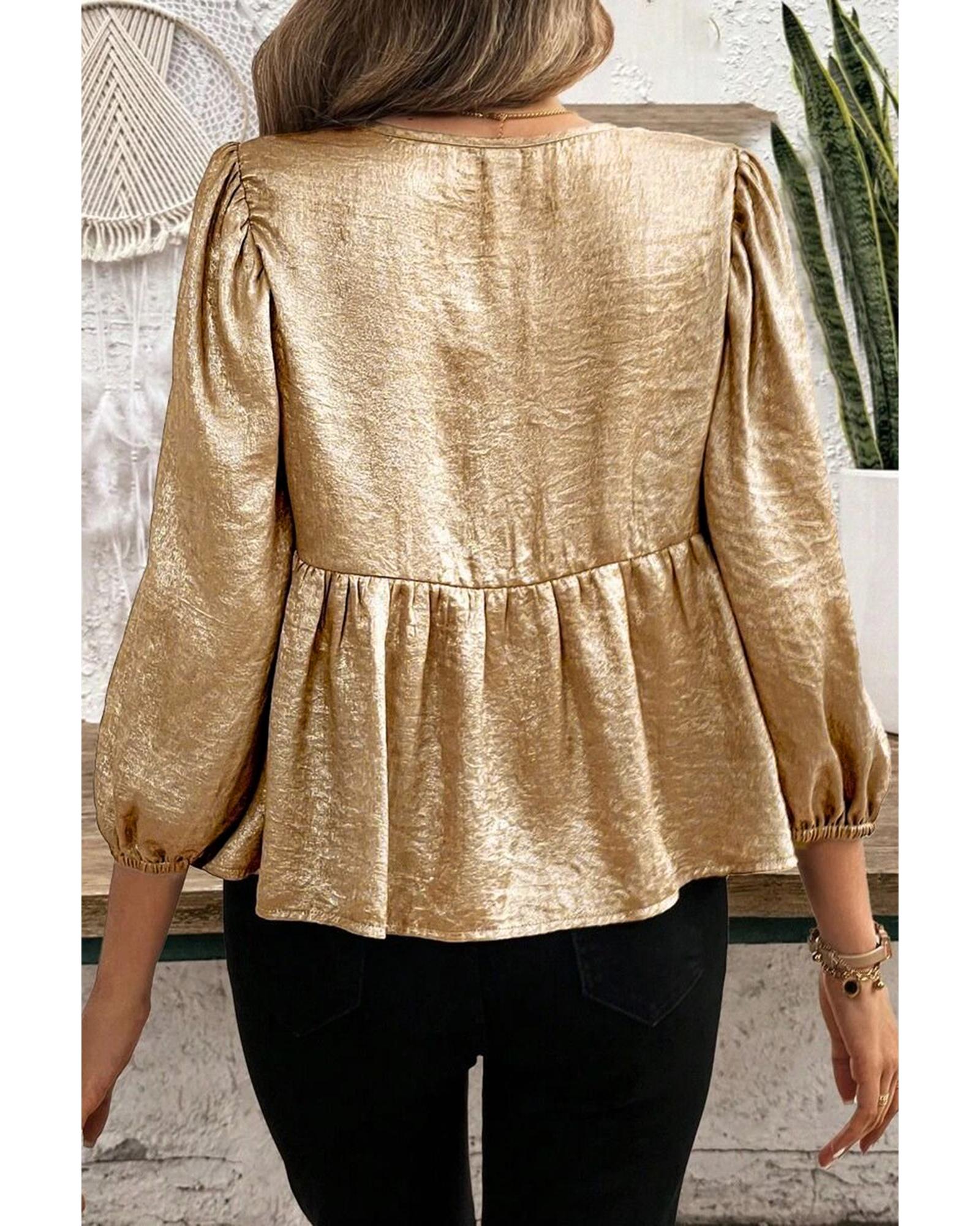 V539-AZEXDC2542645-P12-S-202506130911-00 Gold Bow Tie Front Puff 3/4 Sleeve Ruffle Hem Blouse - S - Image 1