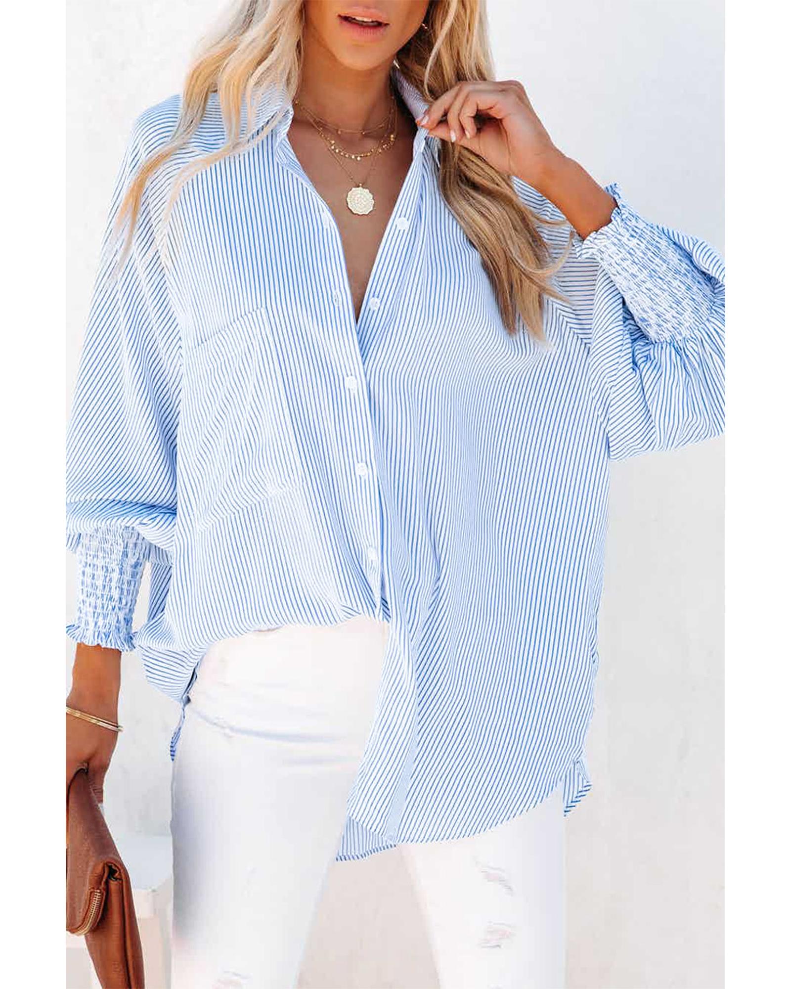 V539-AZEXDC2552685-4-S-161755-00 Azura Exchange Striped Boyfriend Shirt with Smocked Cuffs and Pocket - S - Image 1