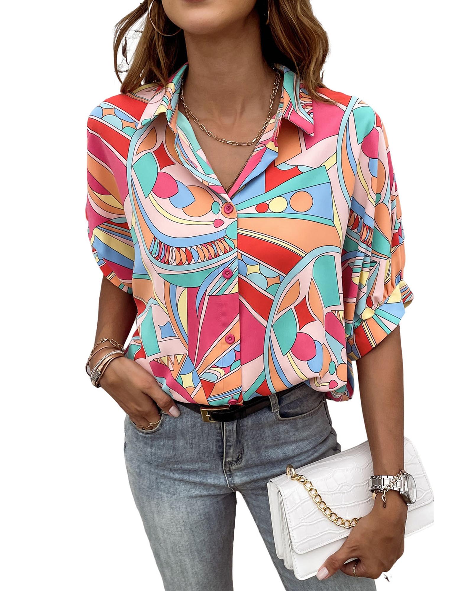 V539-AZEXDC2553484-22-M-202508260025-00 Azura Exchange Abstract Geometry Print Half Puff Sleeve Shirt - M - Image 1