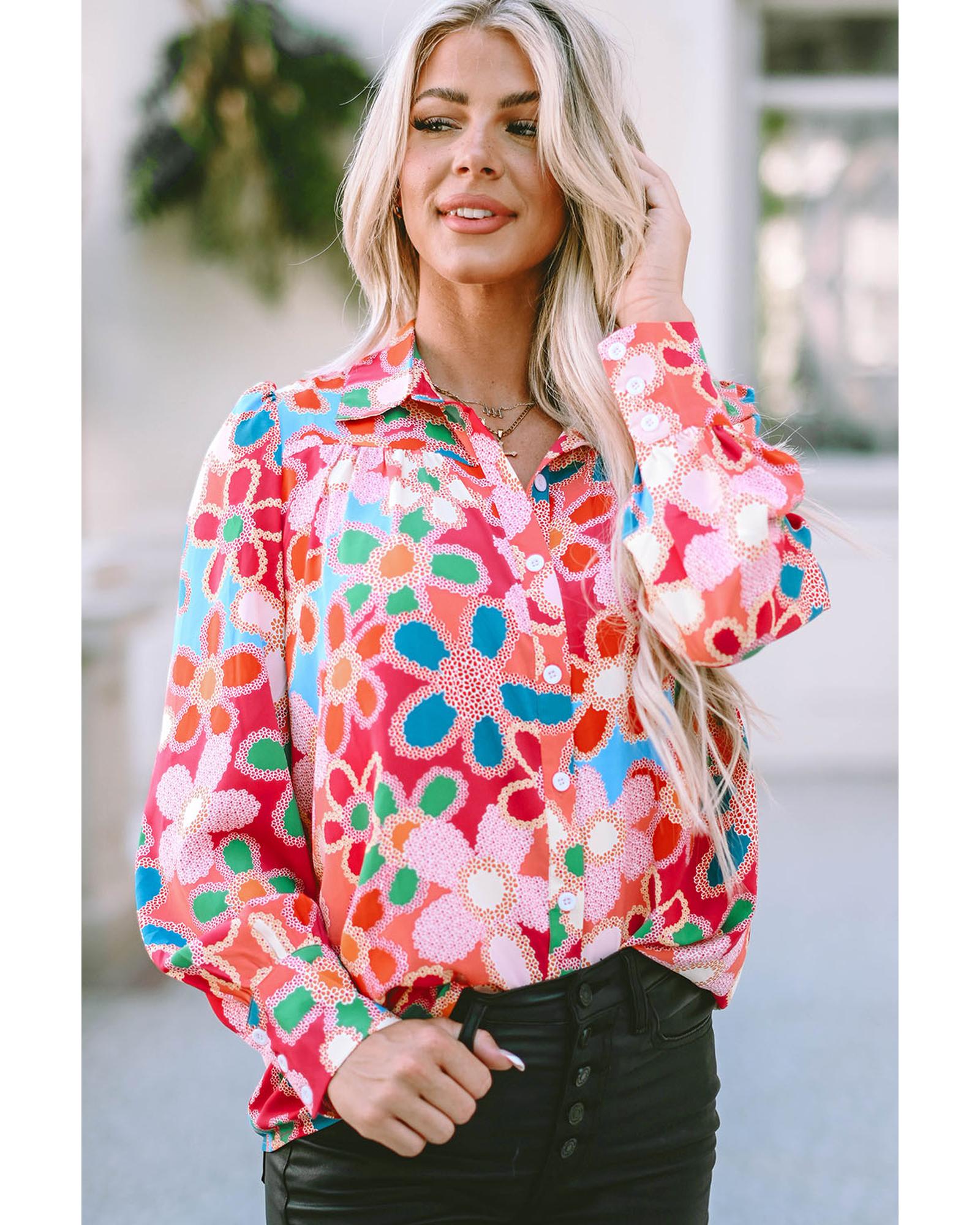 V539-AZEXDC2553715-22-M-202508261340-00 Azura Exchange Floral Print Bubble Sleeve Shirt - M - Image 1