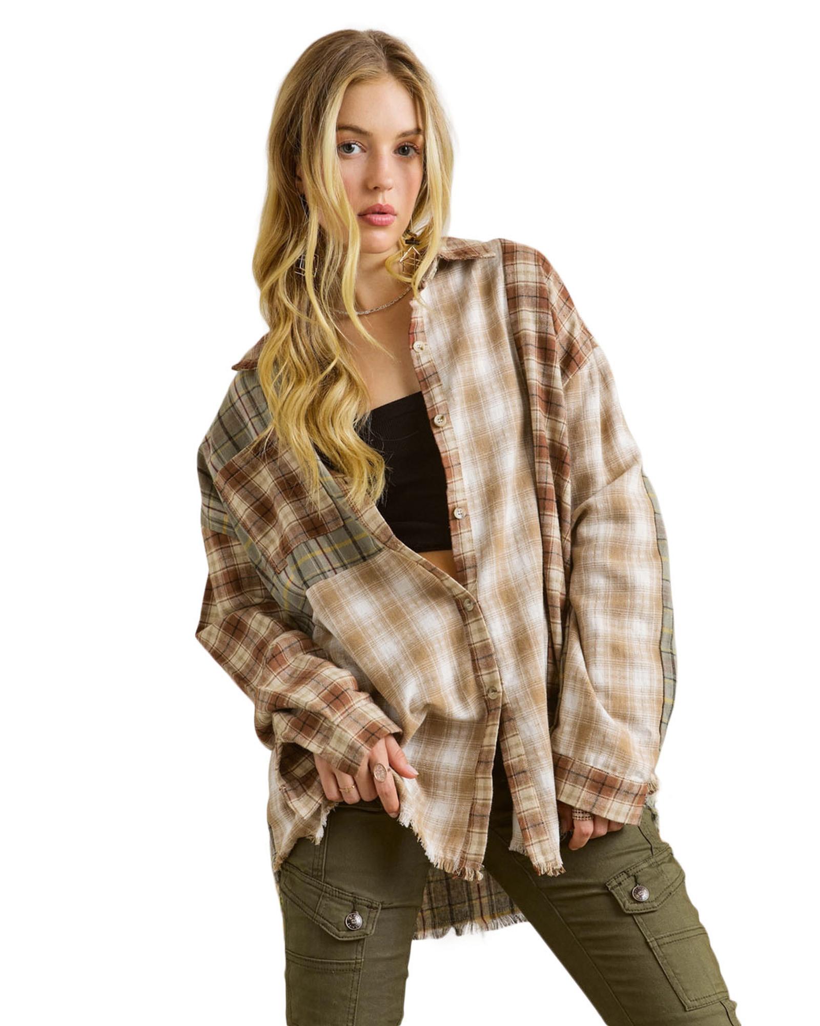 V539-AZEXDC2553777-17-XL-202508281135-00 Brown Multi Plaid Patchwork Raw Edge Casual Shirt - XL - Image 1