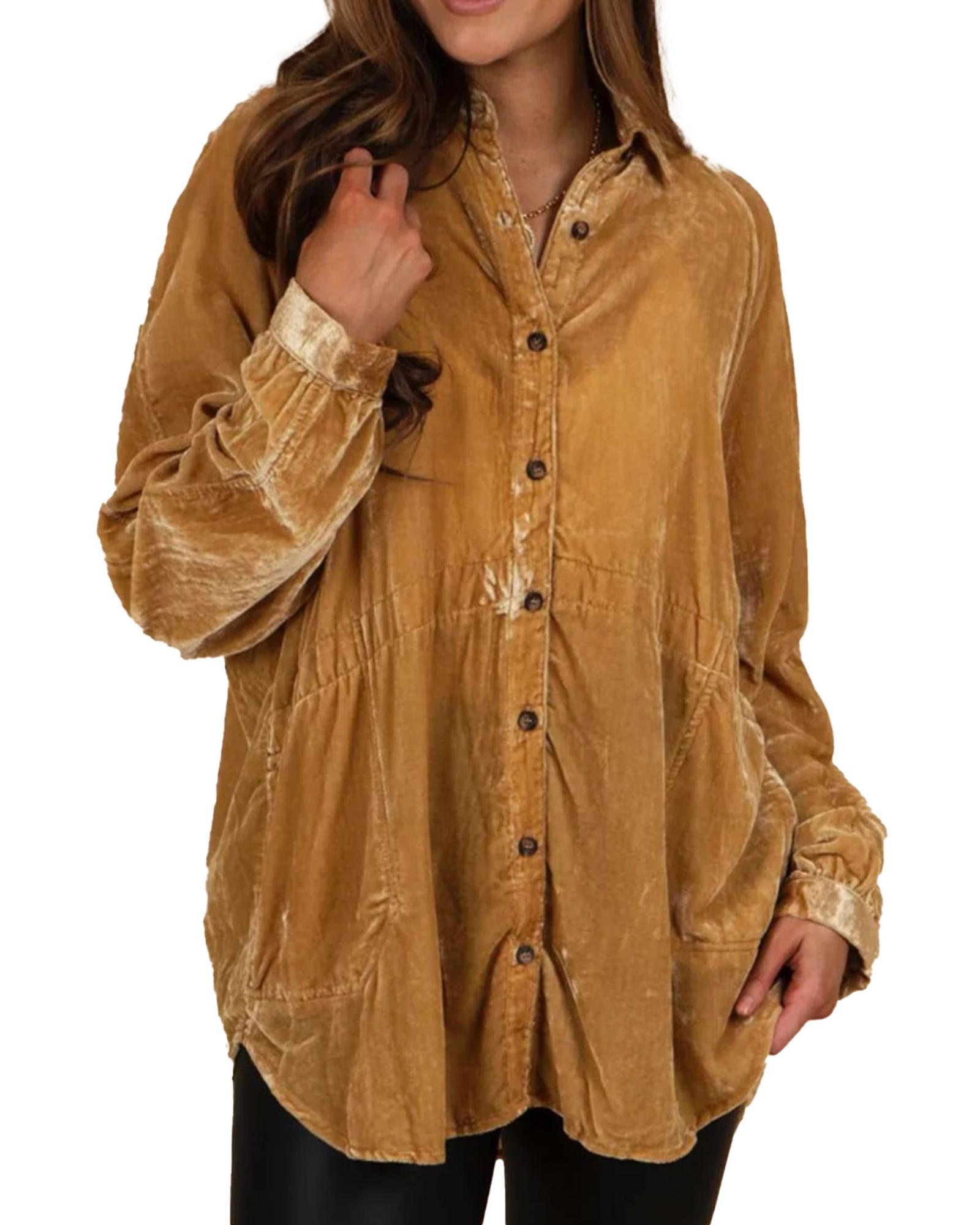 V539-AZEXDC2553850-12-S-202506130942-00 Gold Solid Color Button Up Loose Fit Velvet Shirt - S - Image 1